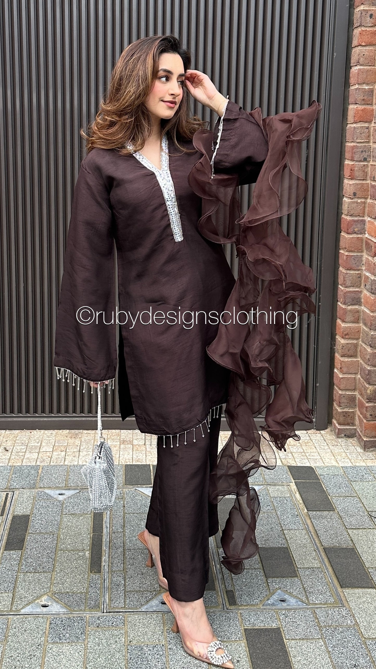 SABEEN Cocoa - 3 Piece Brown Raw Silk Suit with Ruffle Dupatta (8502097838293)