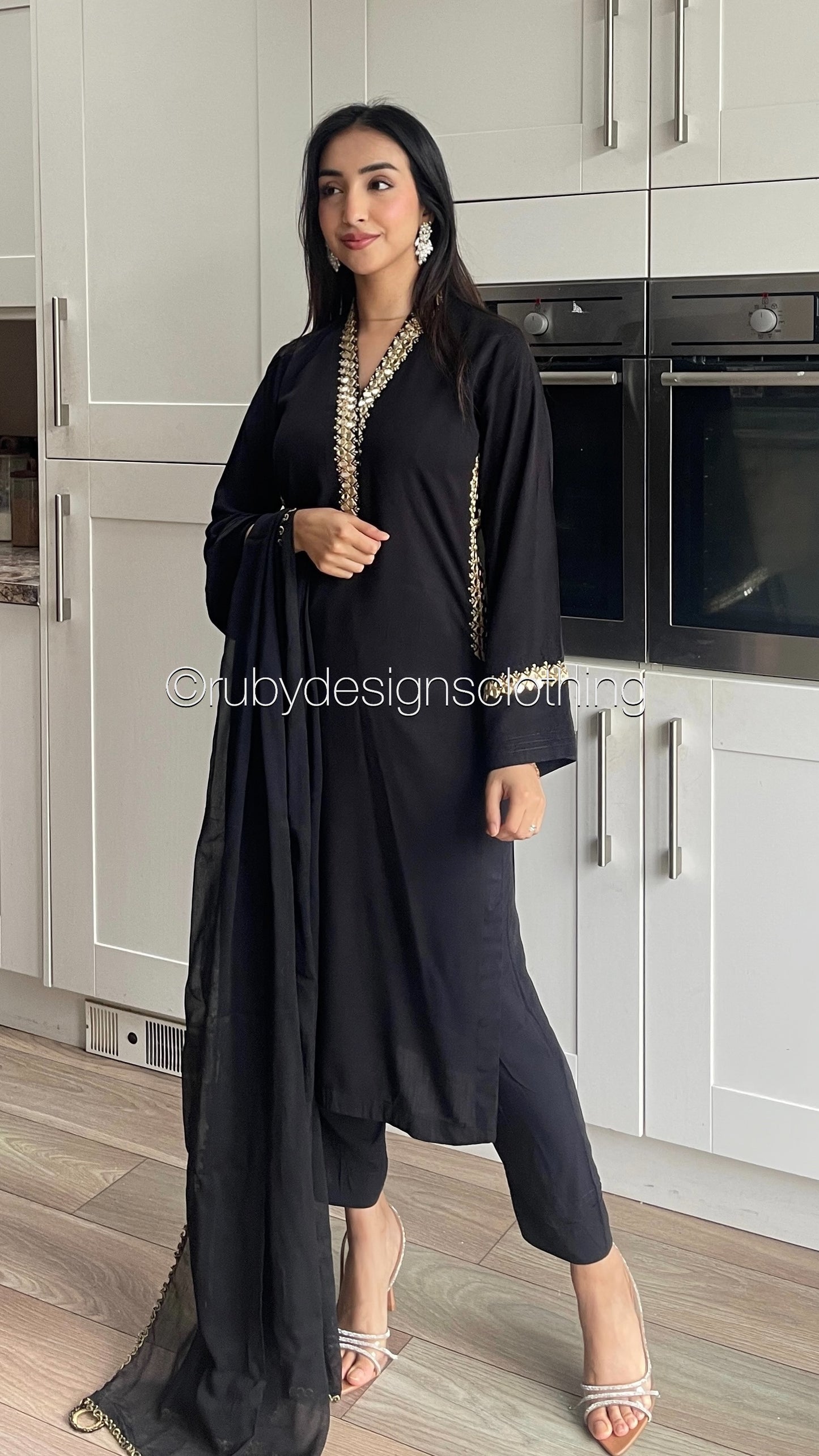 TARA Black - 3 Piece Linen Suit with Mirror Work (7934797643989)