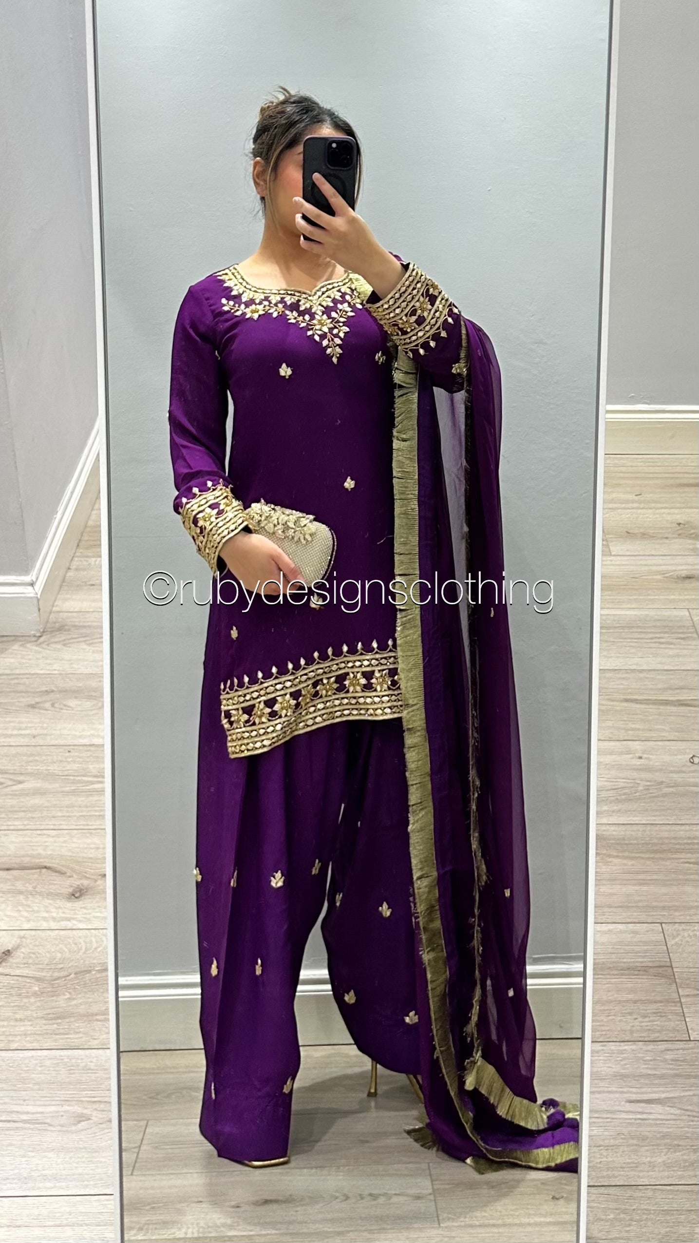 SAJAL Purple - EXCLUSIVE SAMPLE 3 Piece Chiffon Suit with Farshi Shalwar and Gota Handwork