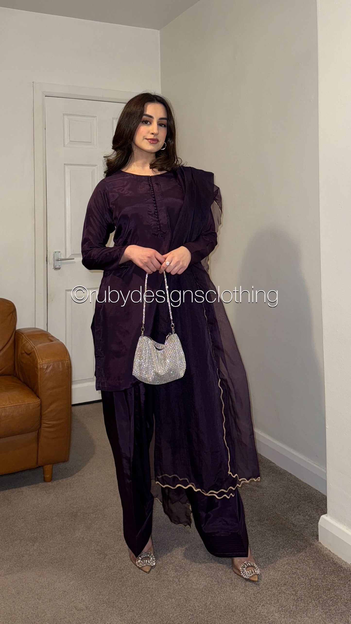 RIMA Plum - 3 Piece Russian Silk Suit with Farshi Shalwar