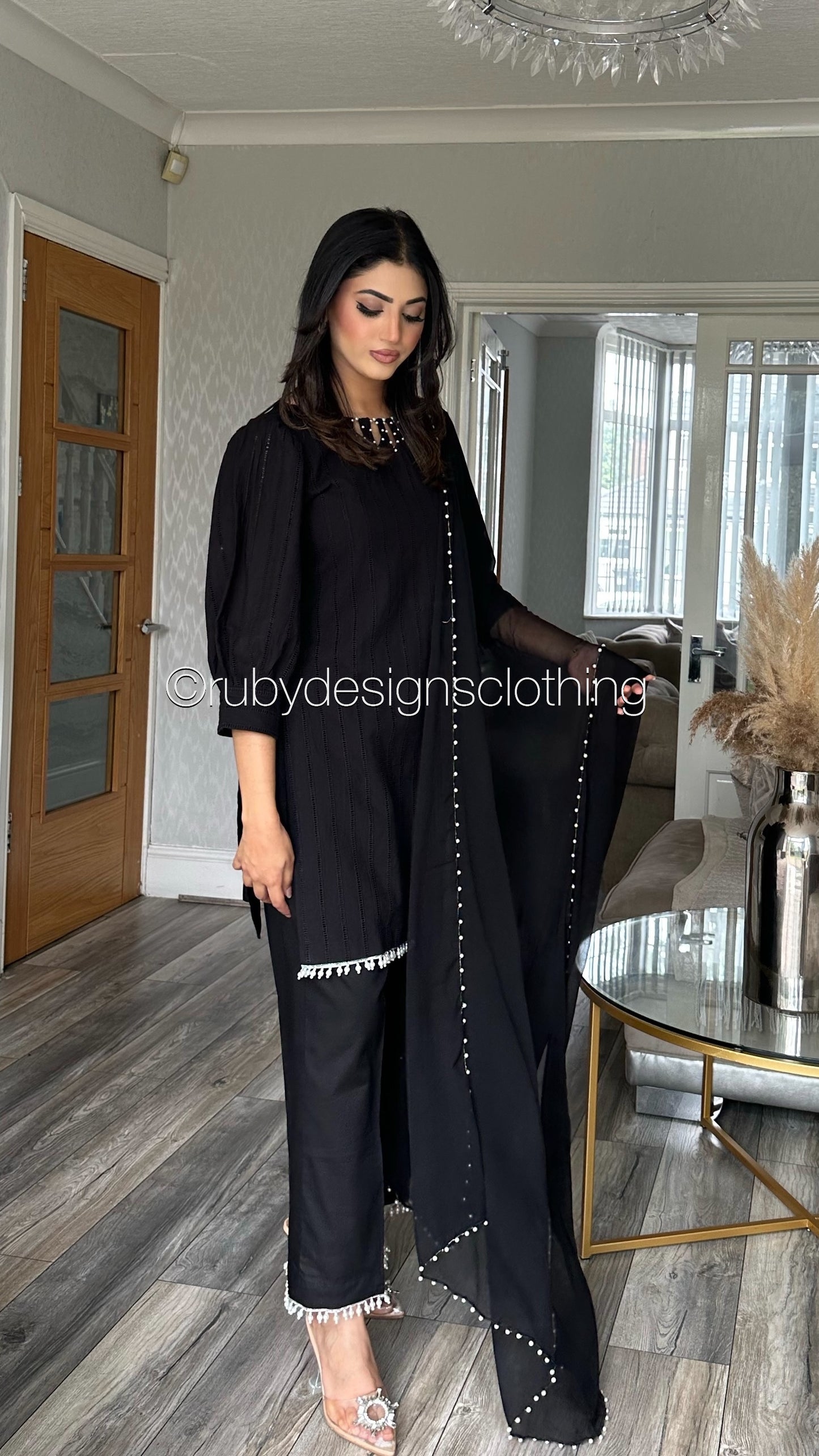 HUSNA - 3 Piece Black Lawn Suit with Pearl Details (8090380599509) (8747900109013)