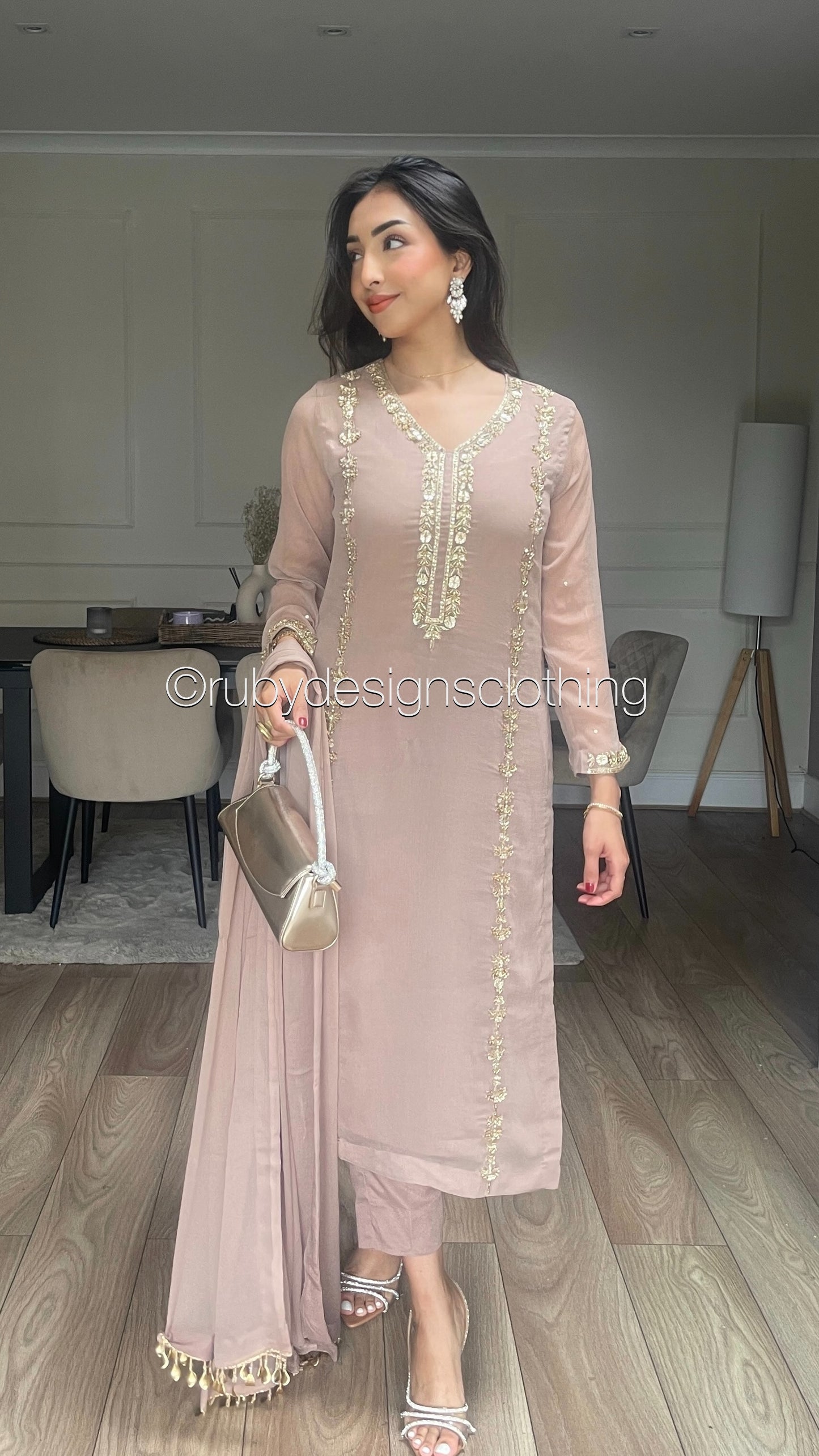 SADAF Rose - 3 Piece Rose Chiffon Suit with Gota Work (8311028187349)