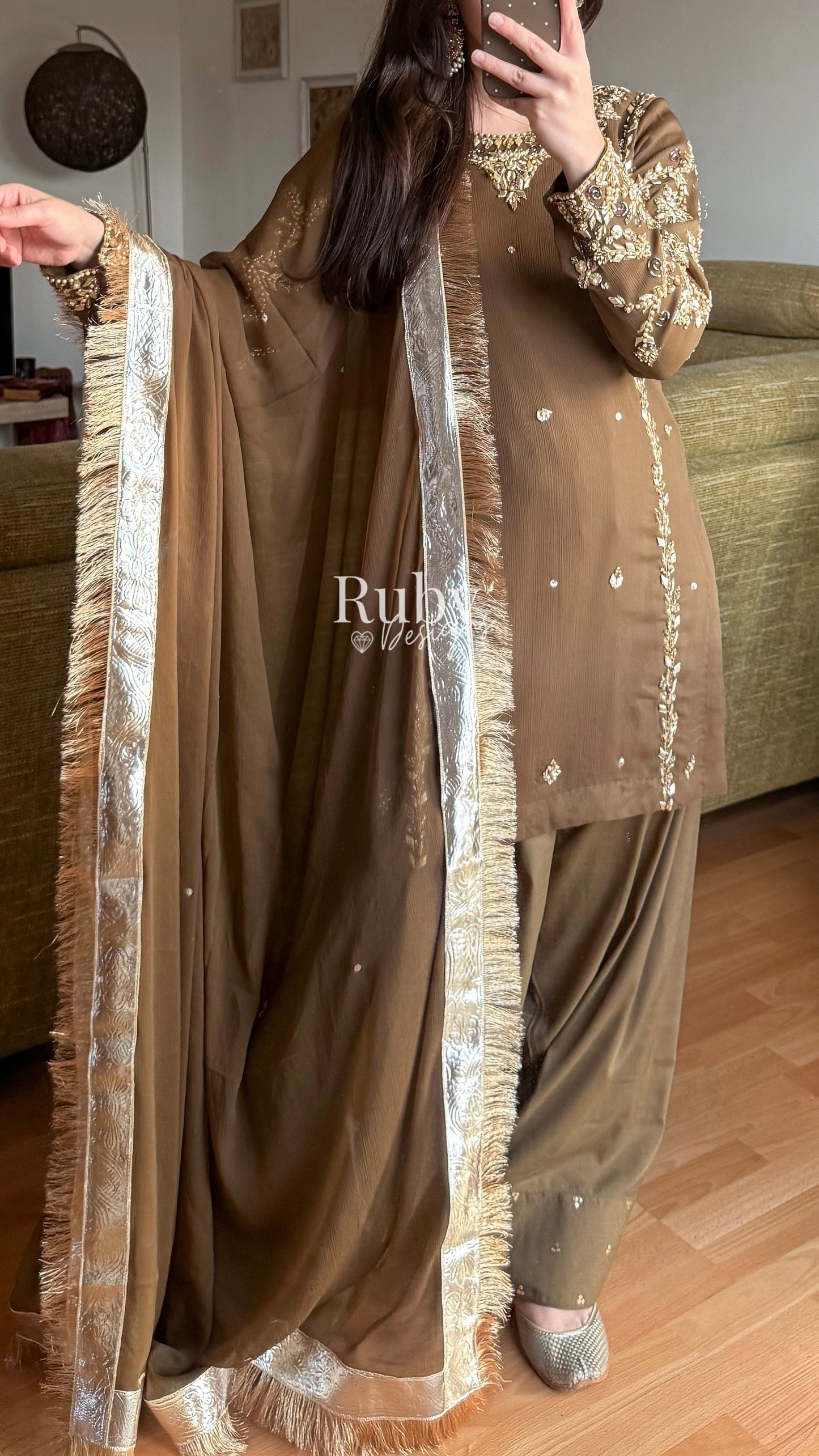 NAYRA Style 3 (Short Shirt) - 3 Piece Khaki Chiffon Suit with Shalwar