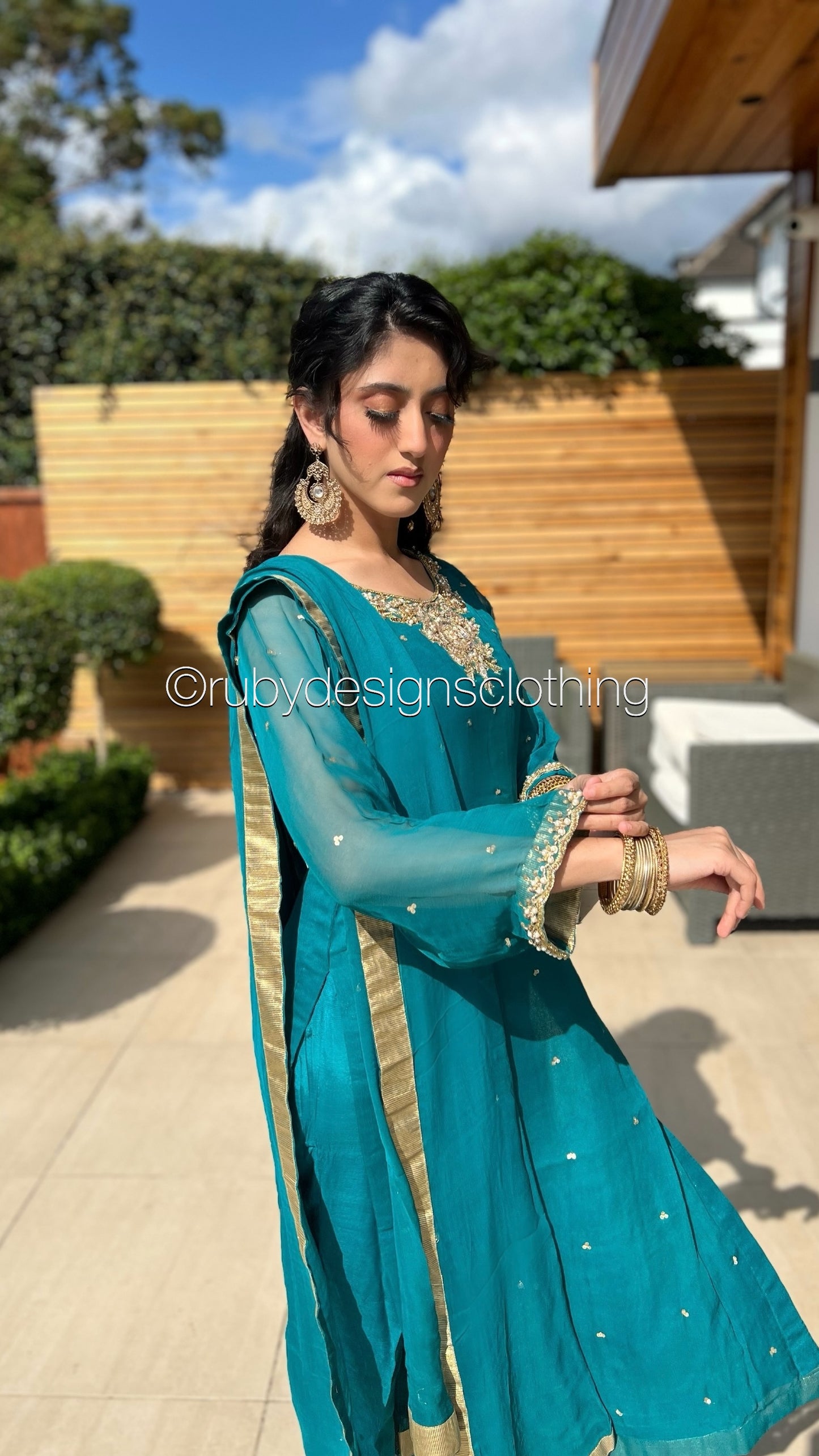 ALVIA Teal - 3 Piece Teal Chiffon Suit with Gold Handwork (8295034847445)
