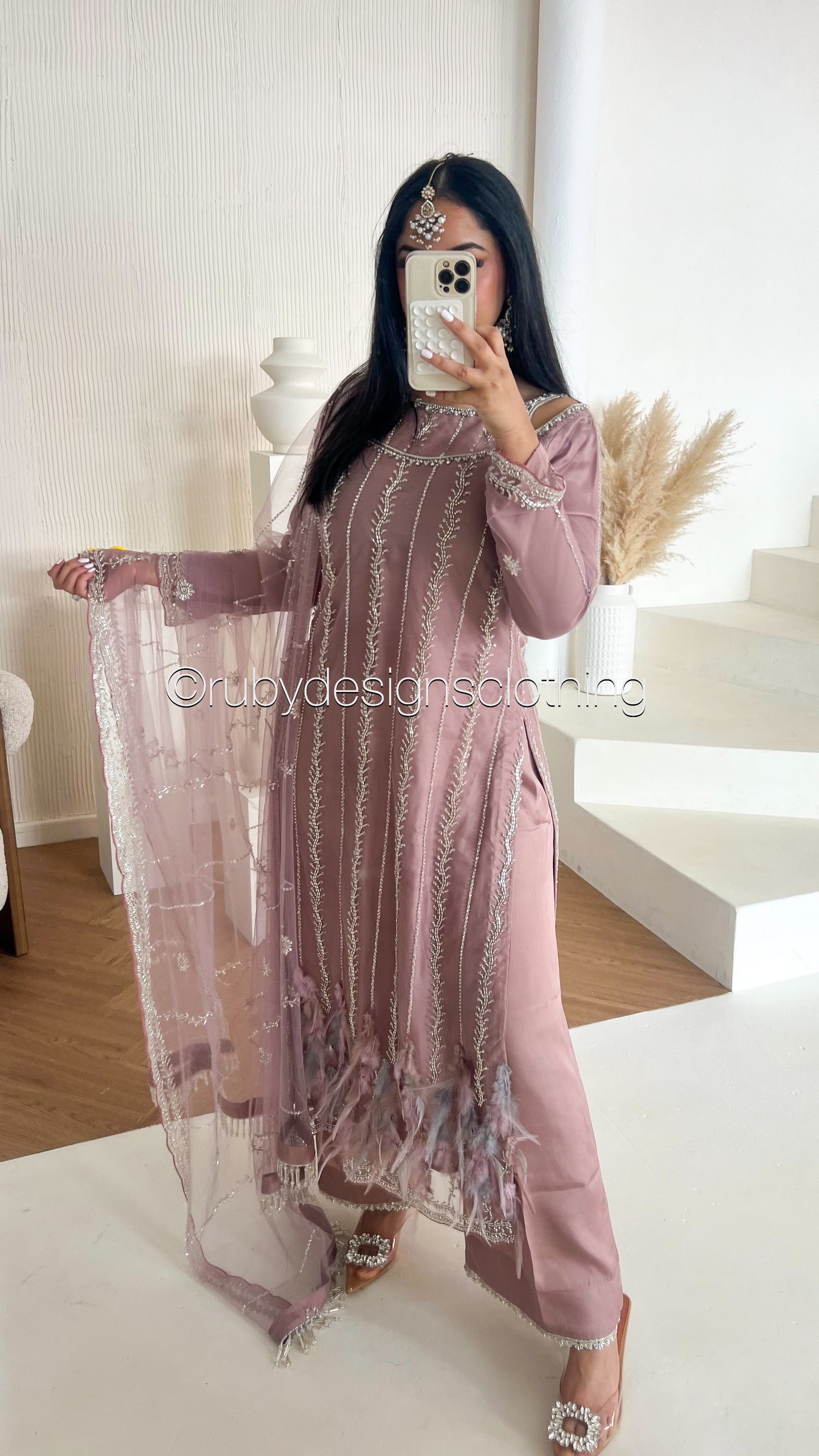 ELARA Bloom - 3 Piece Pink/Lilac Net Suit with Heavy Cutdana Work