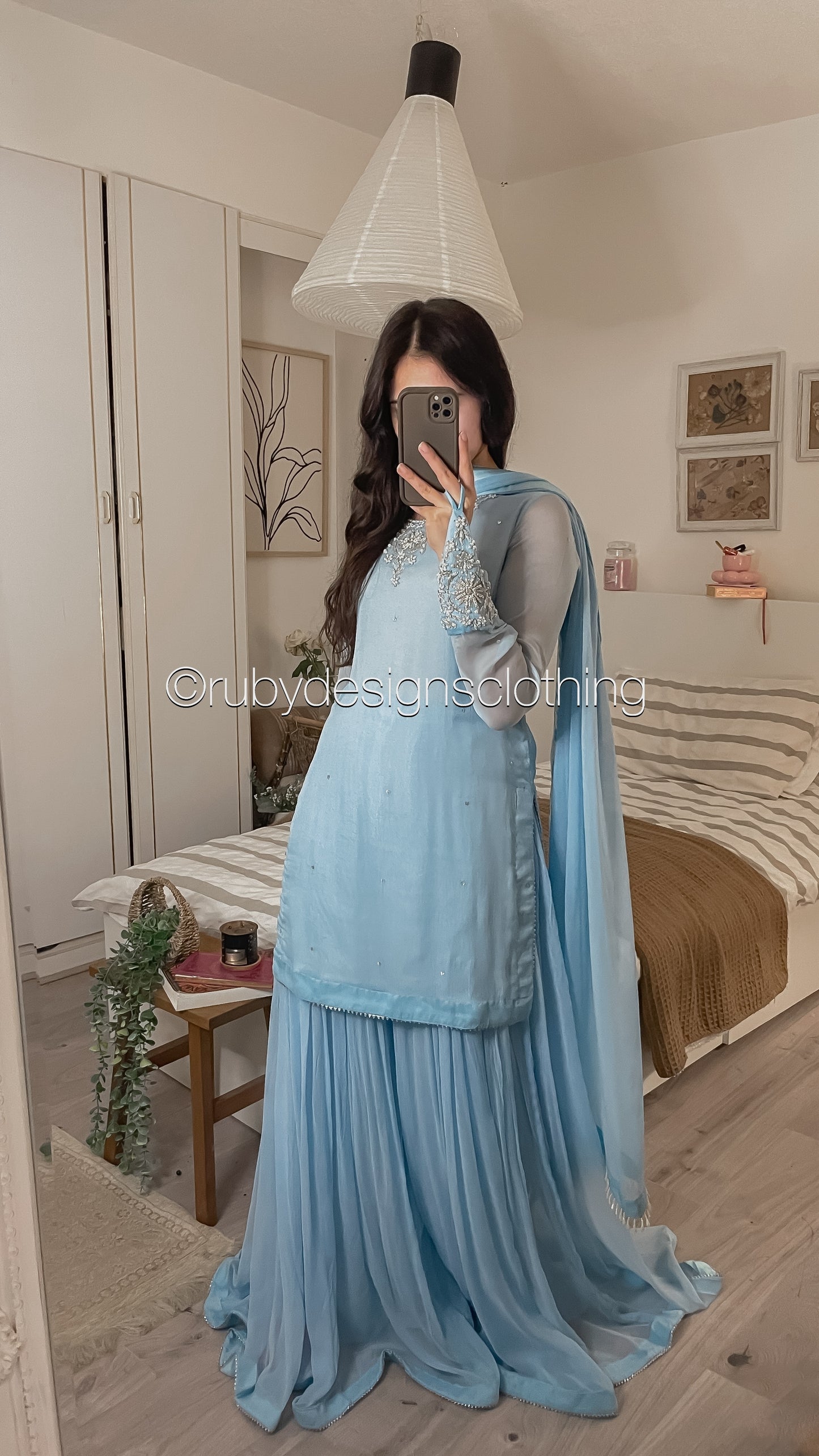 AFREEN - 3 Piece Ice Blue Chiffon Sharara with Silver Handwork (8340662386901) (8748158943445)
