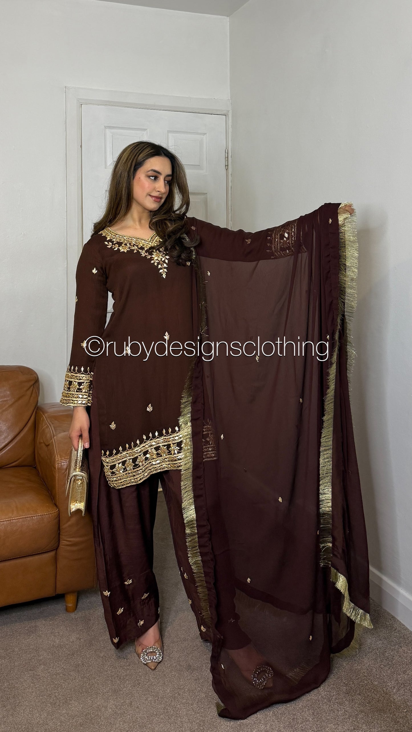 SAJAL Cocoa - 3 Piece Chiffon Suit with Farshi Shalwar and Gota Handwork