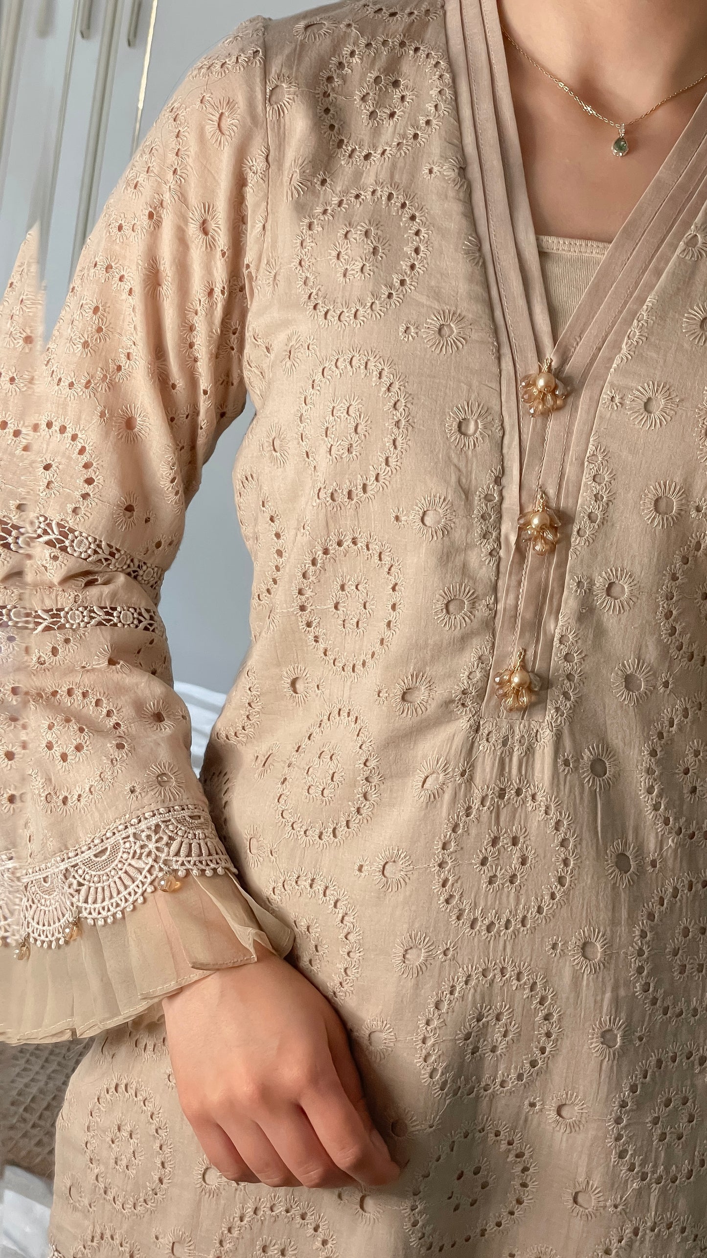 NIDA - 3 Piece Beige/Nude Chikankari Suit with Chiffon Dupatta (8570236141781)