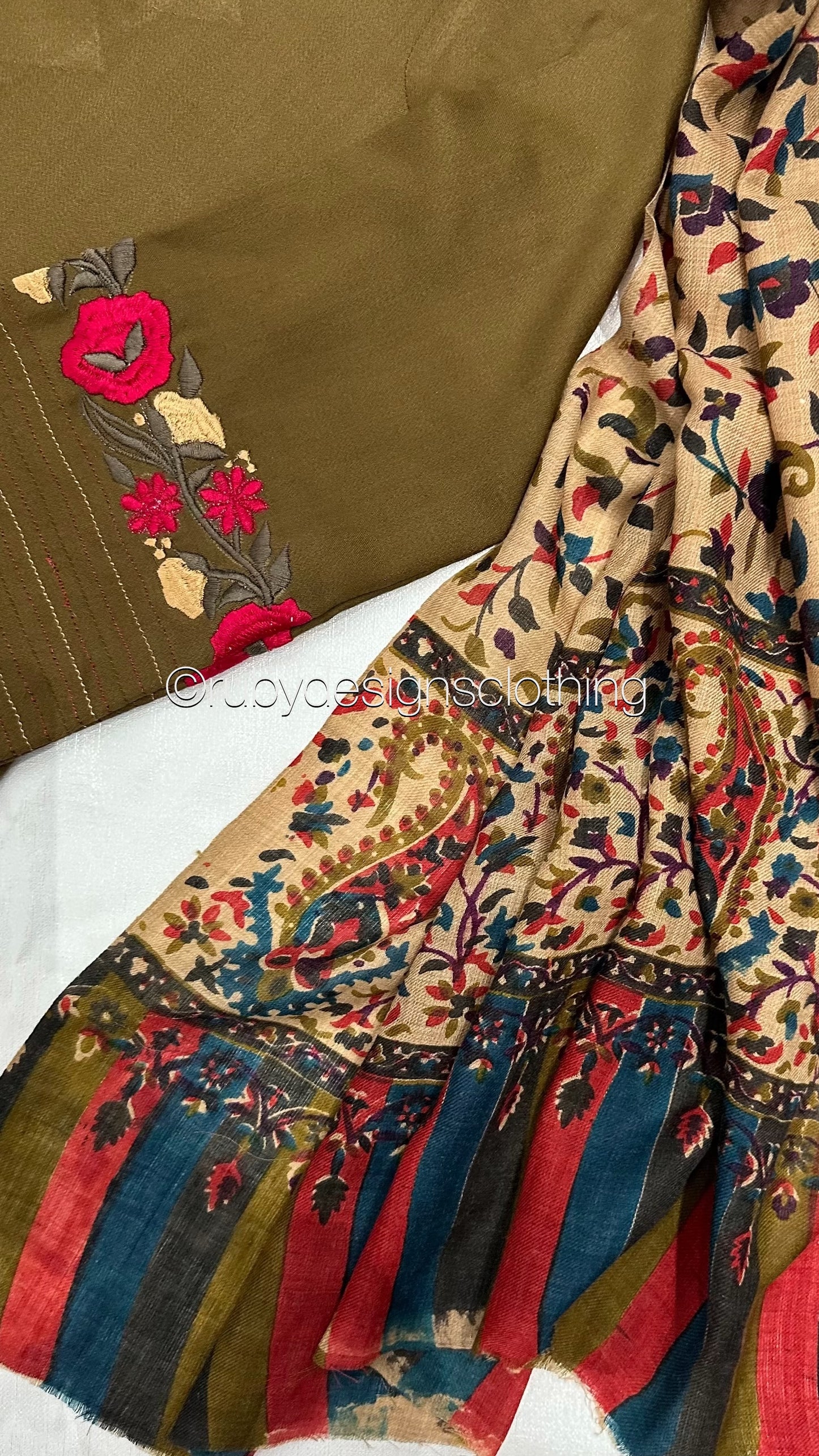 MINA - 3 Piece Khaki Marina Suit with Printed Pashmina Shawl