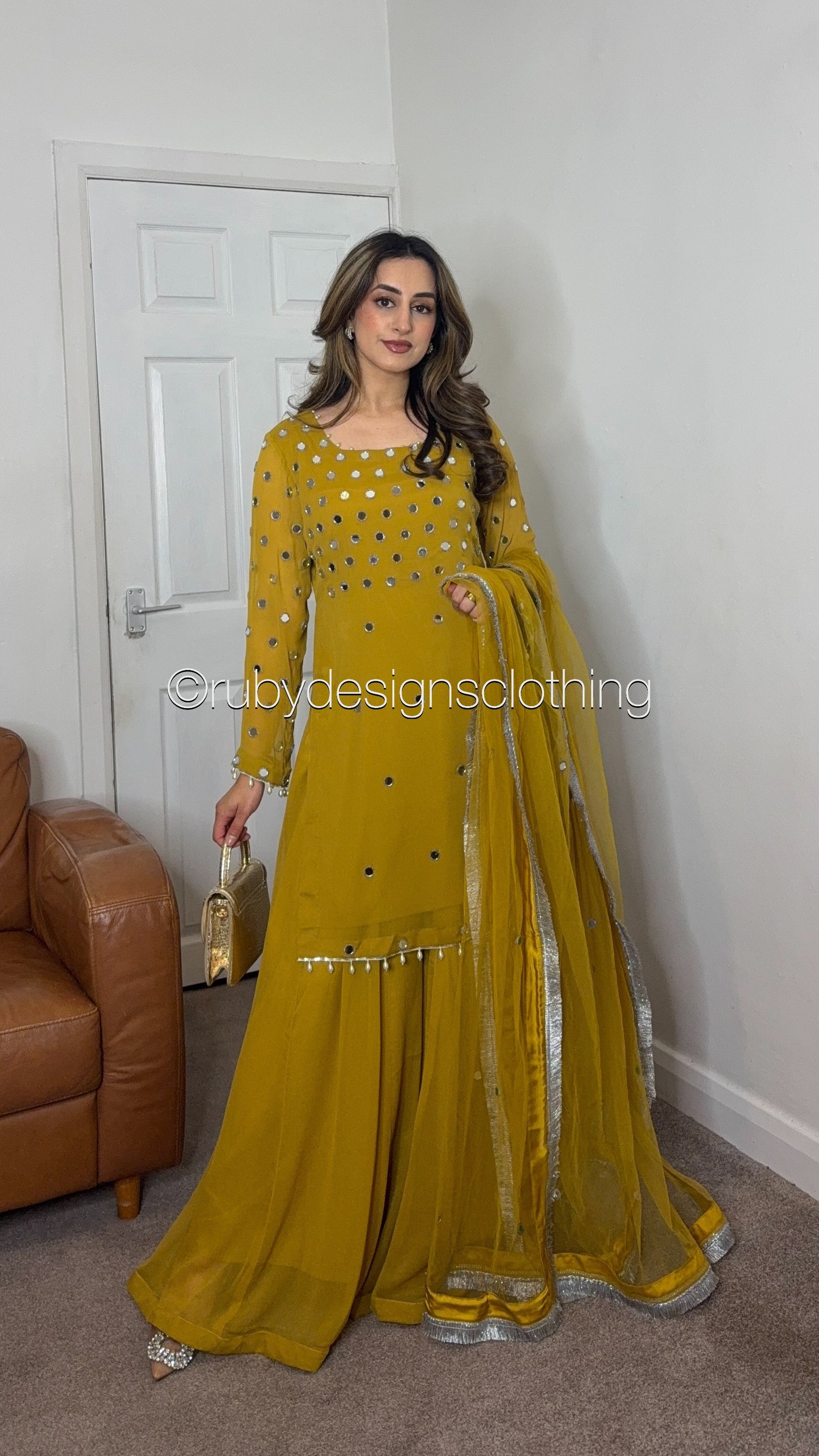 AMREEN Mustard - EXCLUSIVE 3 Piece Chiffon Sharara with Mirror Work