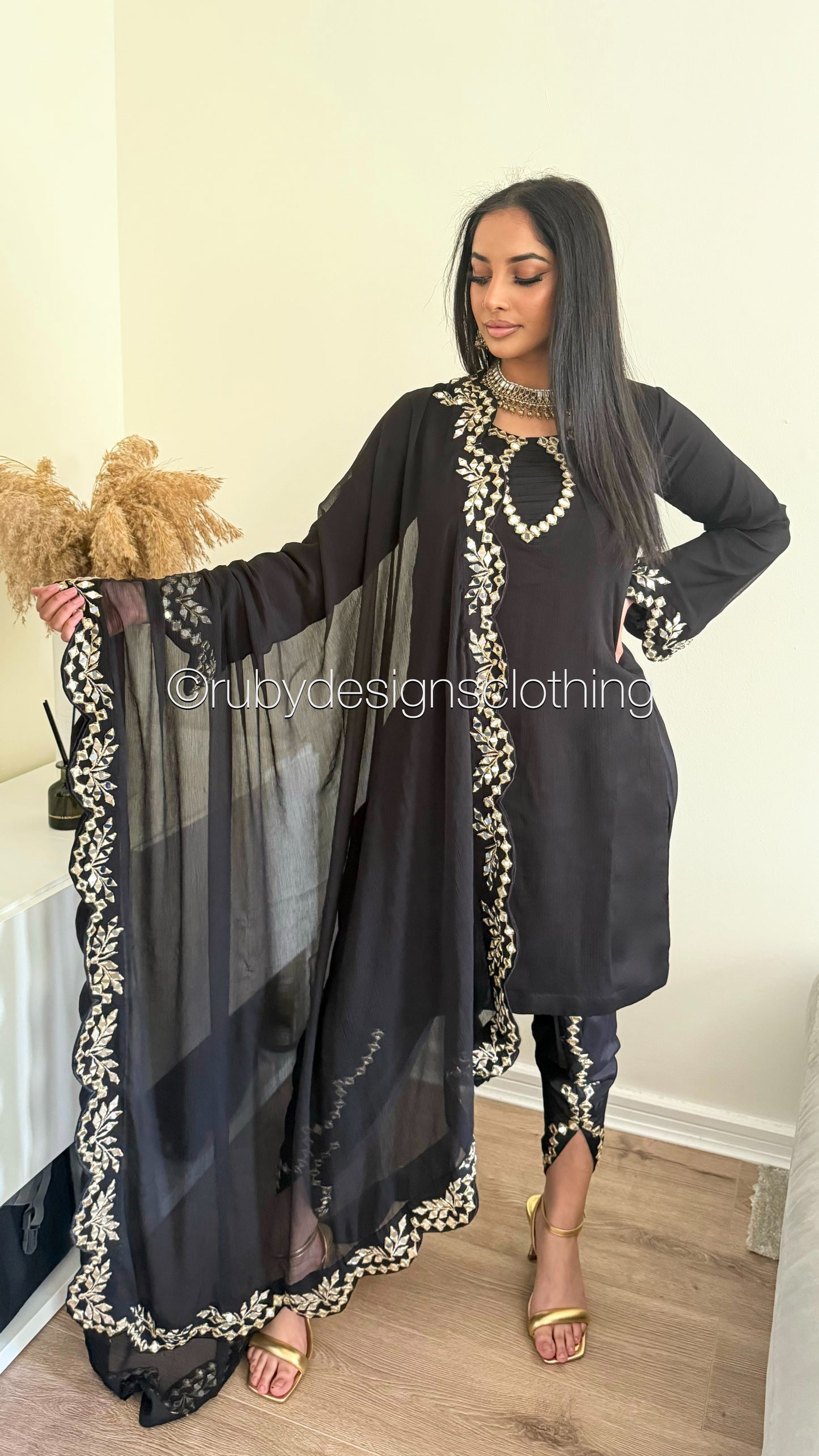 AQSA Noir - 3 Piece Chiffon Suit with Tulip Trouser