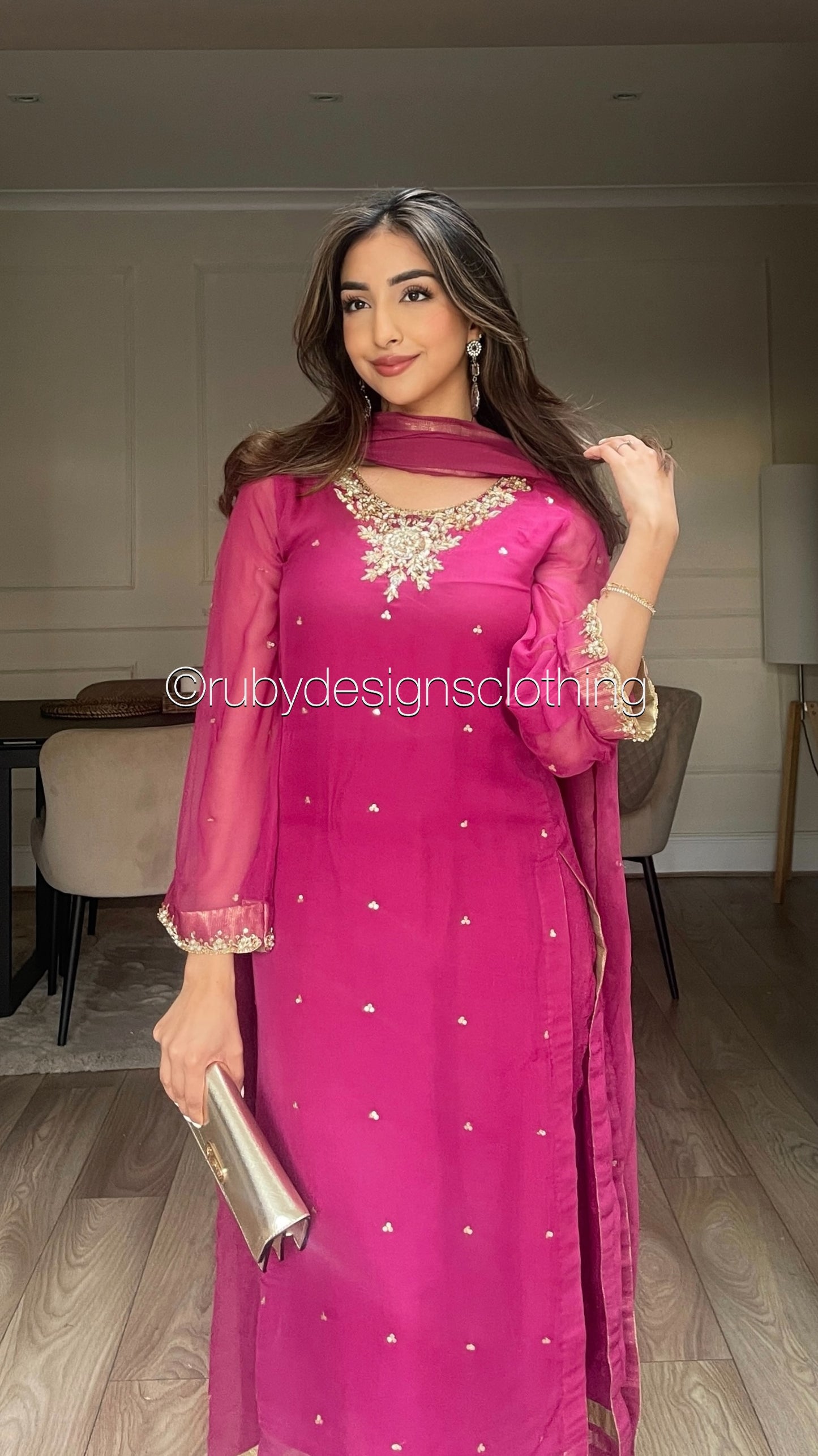 ALVIA Pink - 3 Piece Pink Chiffon Suit with Gold Handwork (8295036649685)