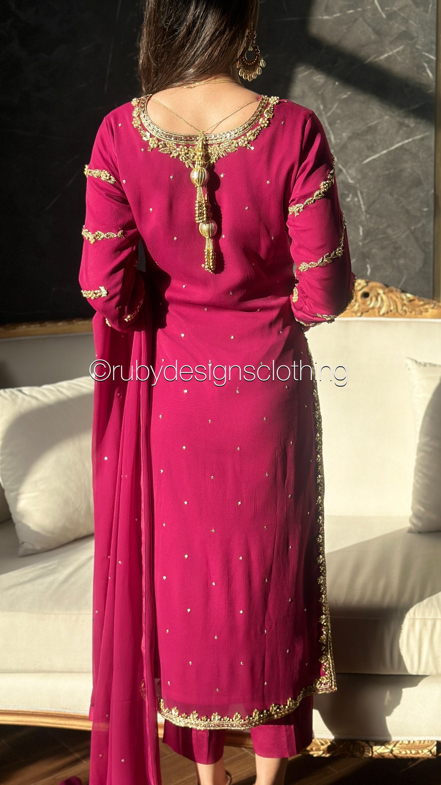 ZAREEN Fuchsia - Luxury 3 Piece Chiffon Suit with Gold Handwork