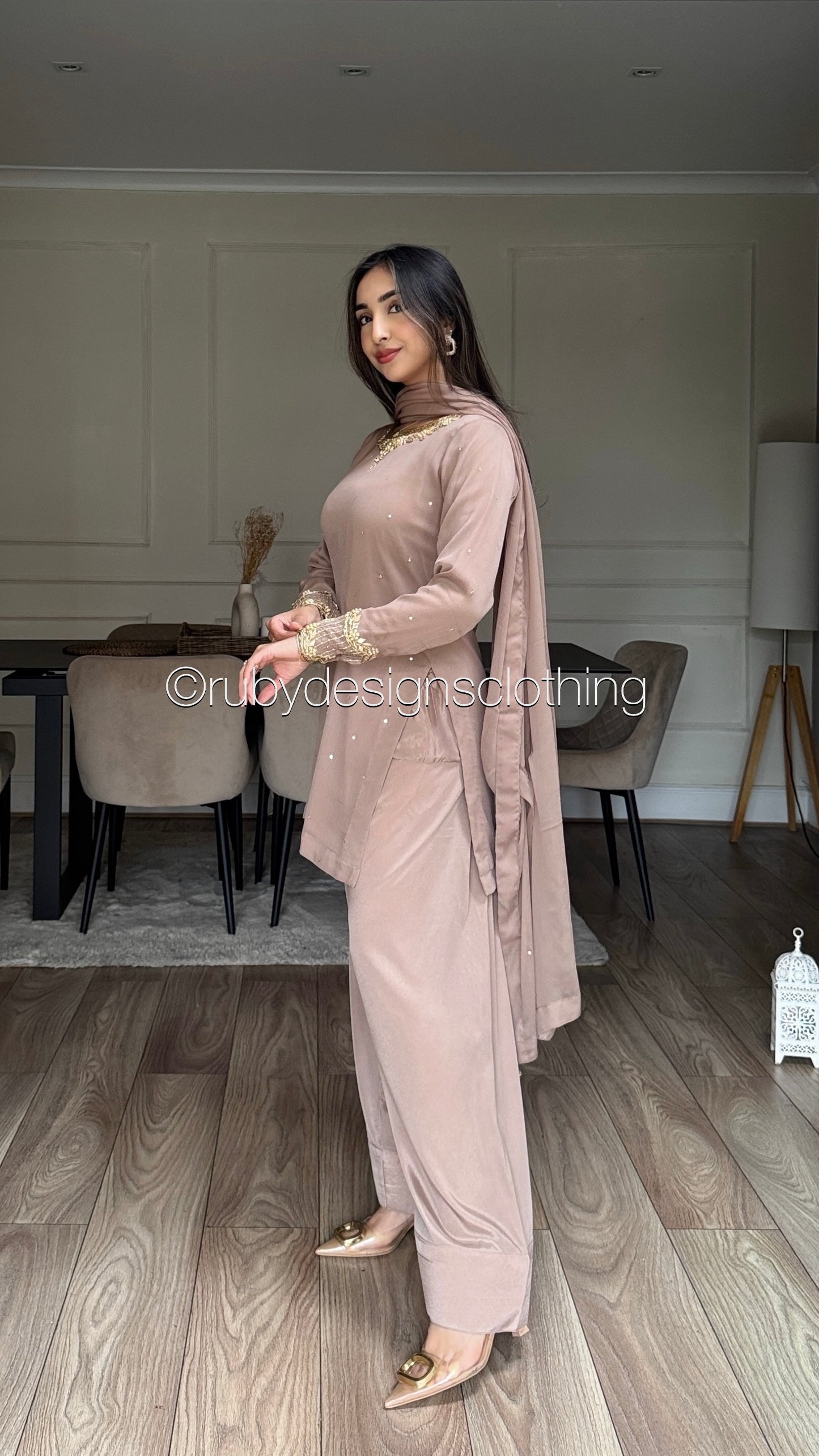 RAHA Latte - Luxury 3 Piece Chiffon Suit with Farshi Shalwar