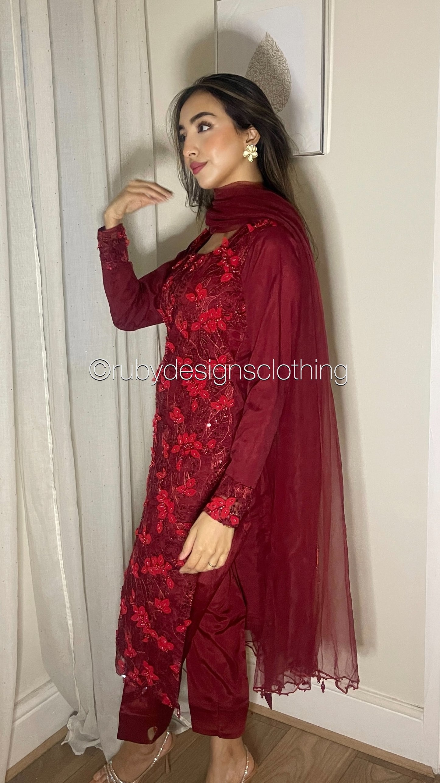 NORA - 3 Piece Red Heavy Embroidered 3D Net Suit (8275059474645)