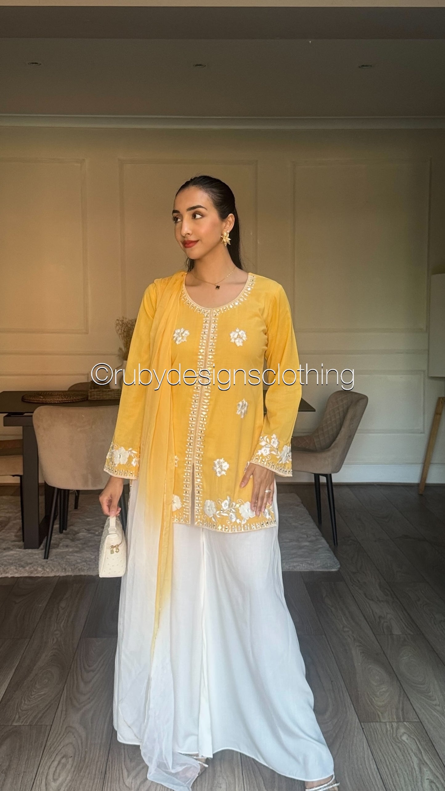 RAYA Mustard - EXCLUSIVE 3 Piece Swiss Lawn Suit with Flowy Wide-Leg Pants