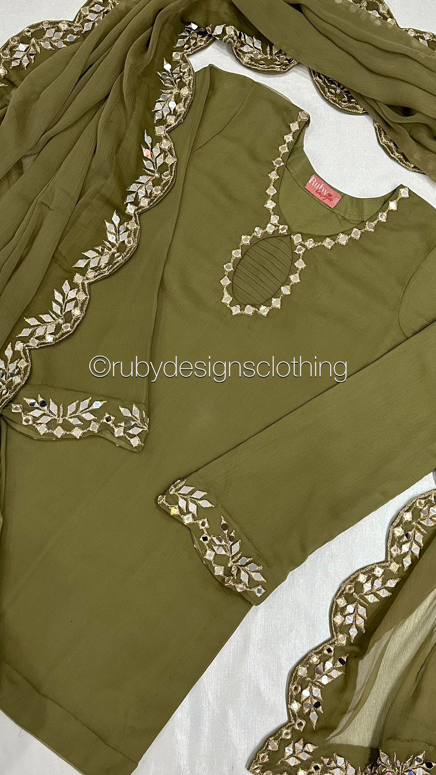 AQSA Olive - 3 Piece Chiffon Suit with Tulip Trouser
