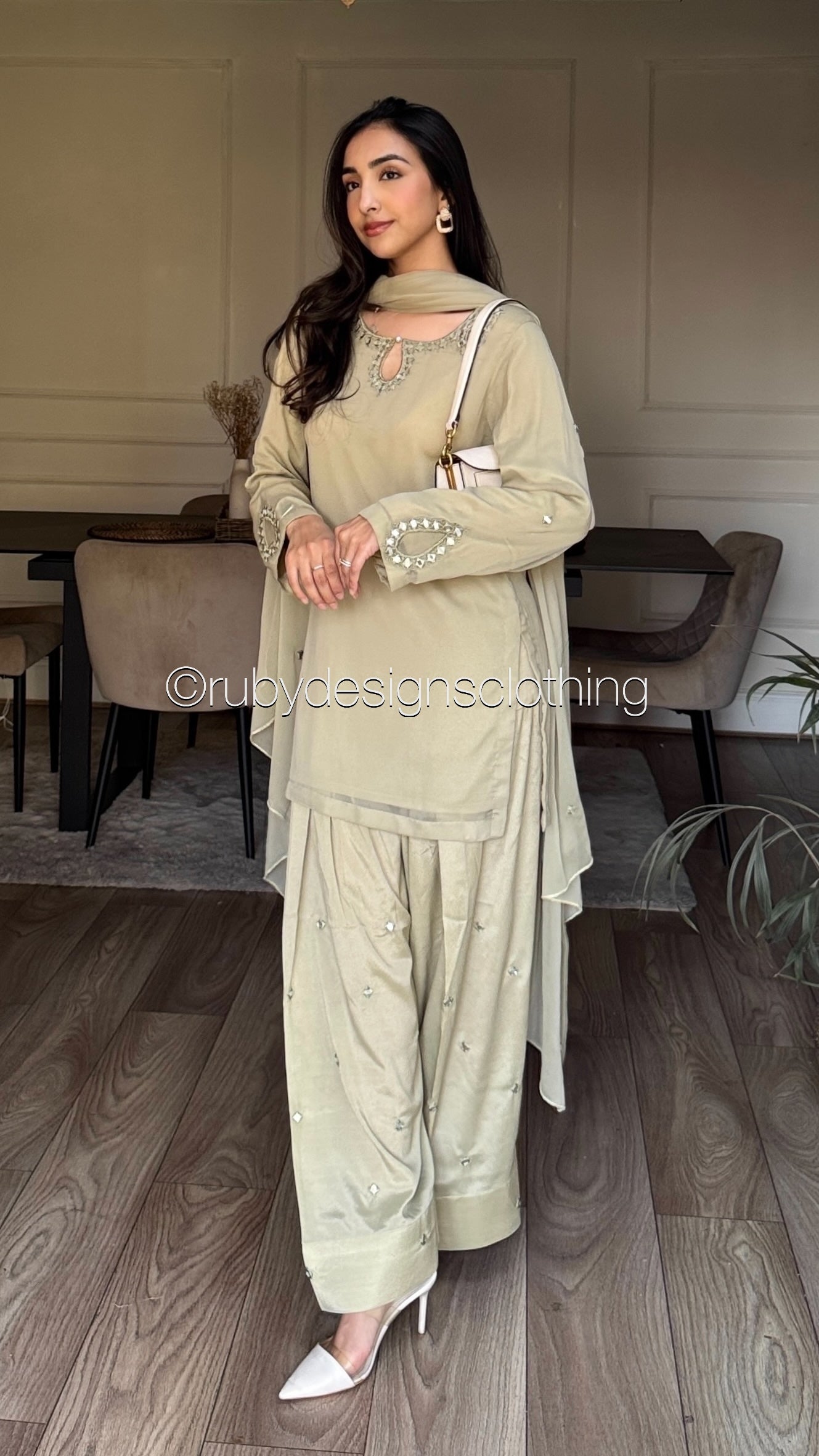 AINA Sage - 3 Piece Sage Chiffon Suit with Farshi Shalwar
