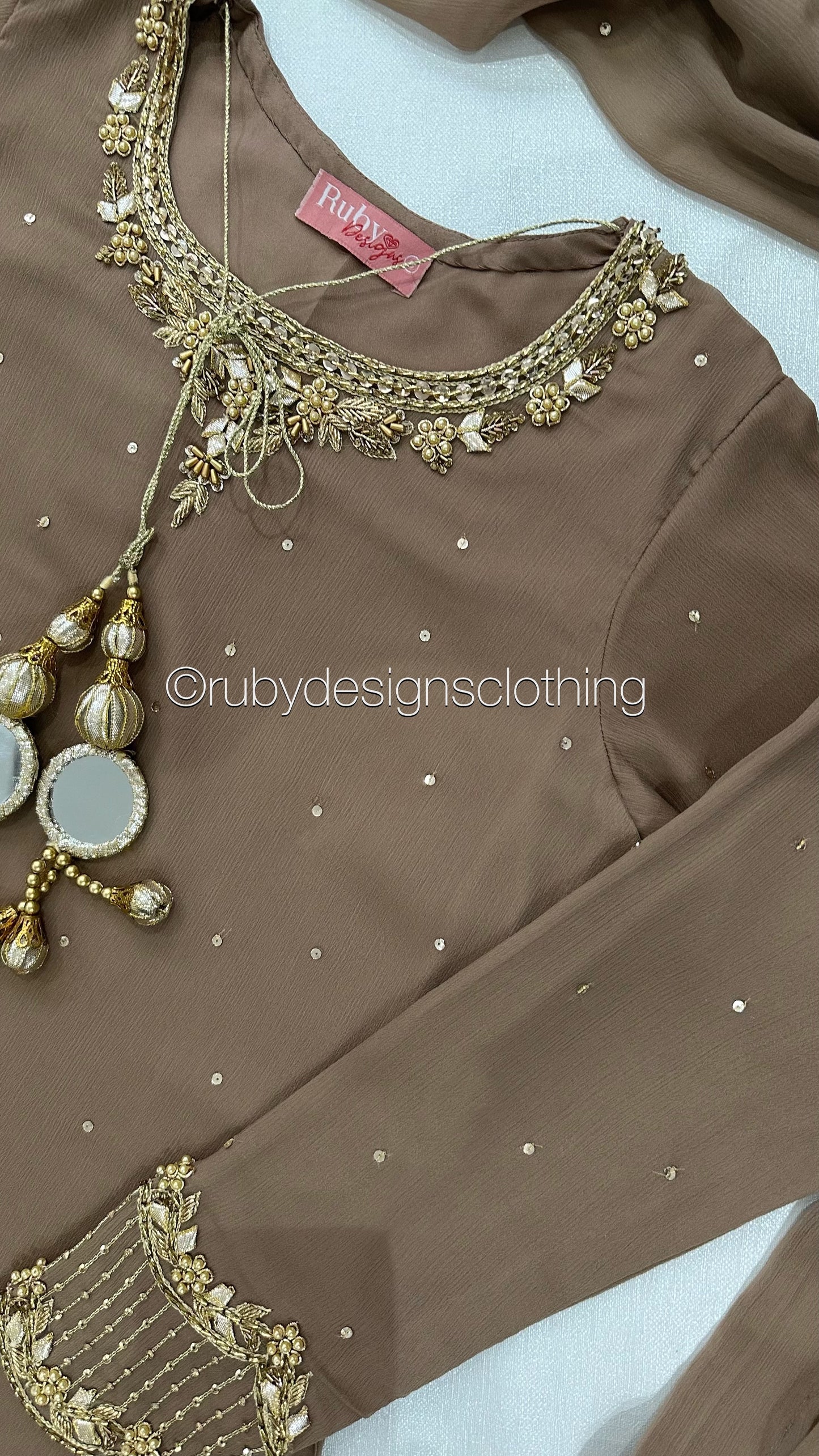 RAHA Latte - Luxury 3 Piece Chiffon Suit with Farshi Shalwar
