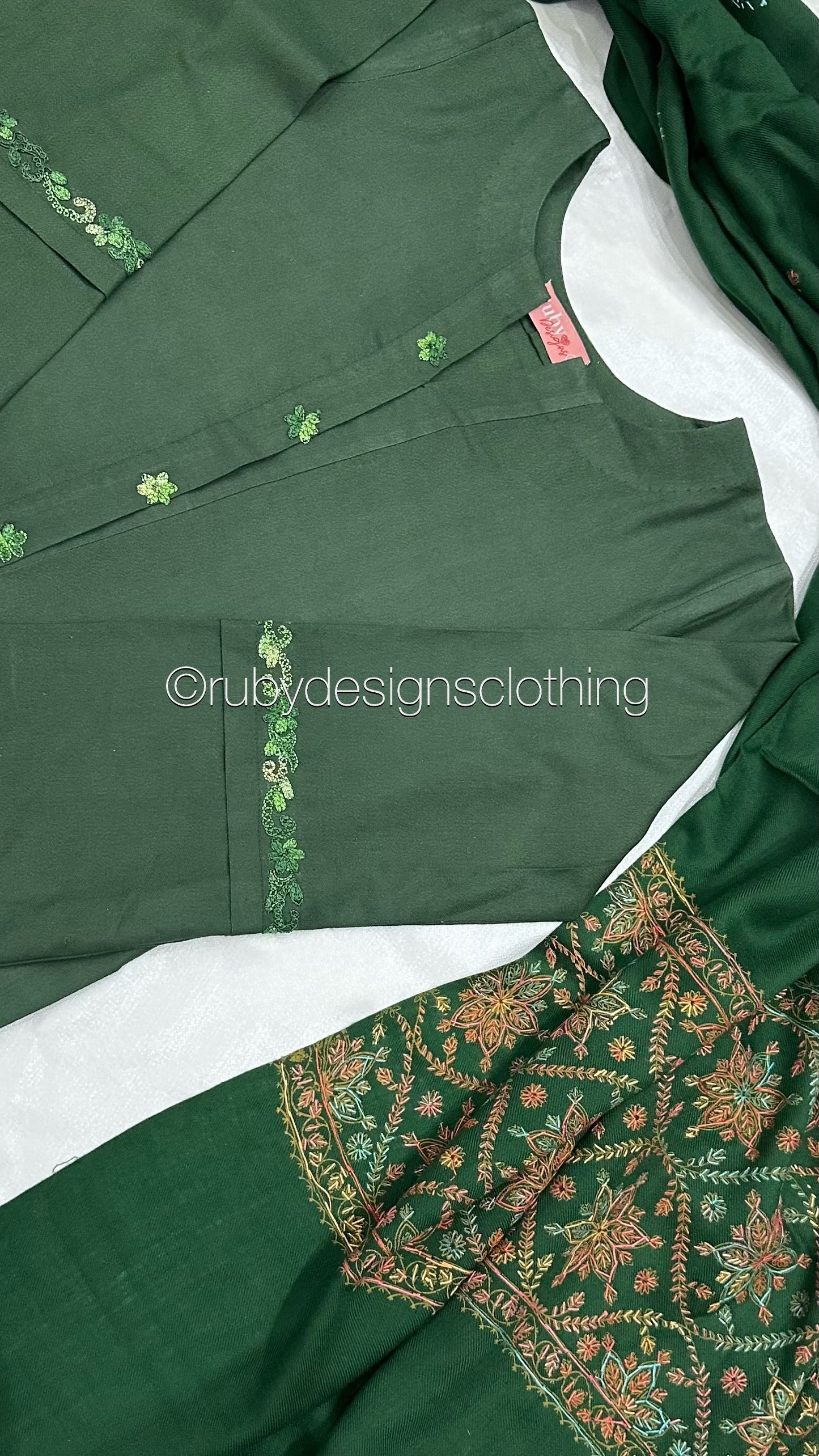 ZEHRA - 3 Piece Forest Green Marina Suit with Embroidered Pashmina Shawl