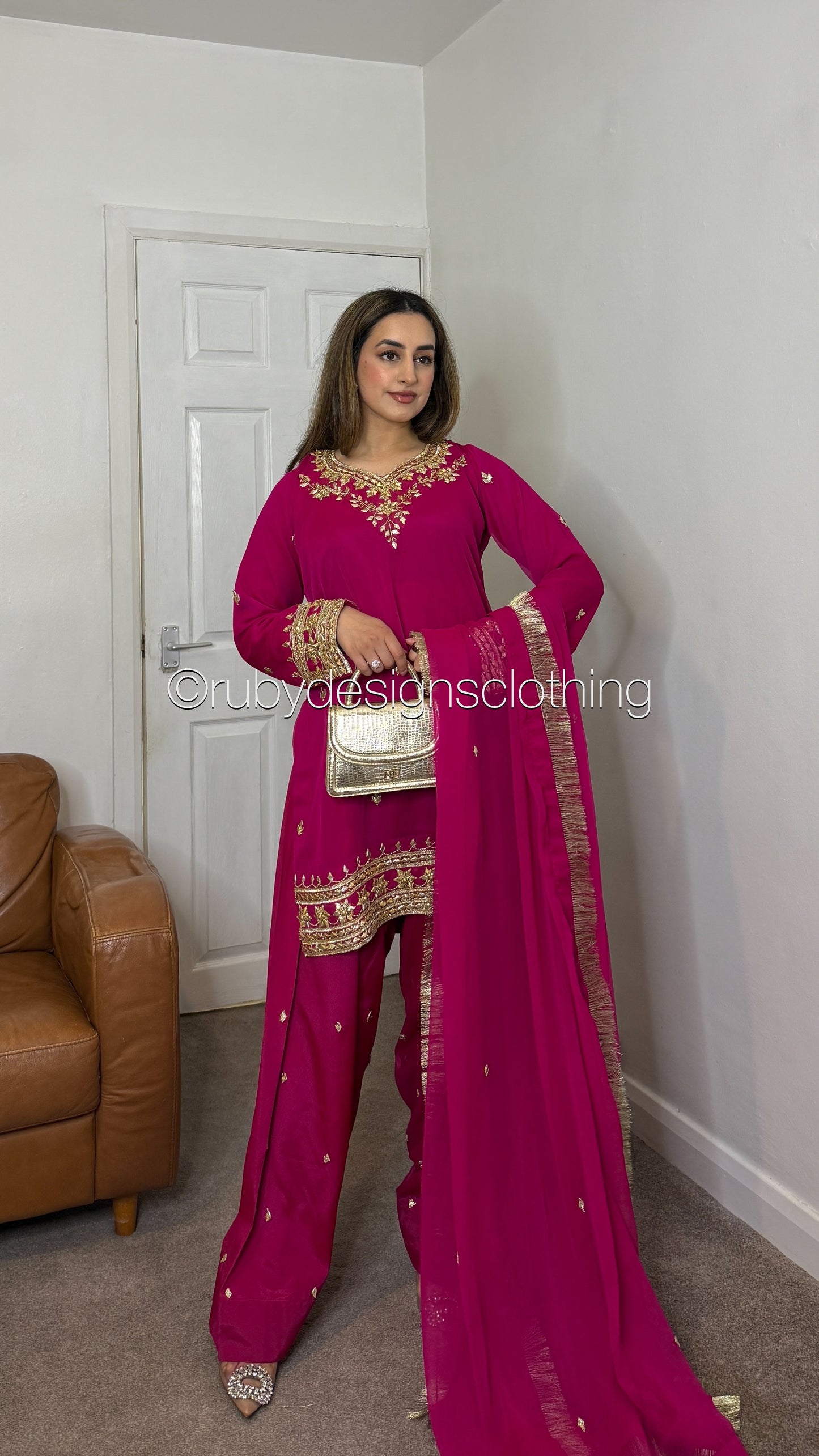 SAJAL Rose - 3 Piece Chiffon Suit with Farshi Shalwar and Gota Handwork
