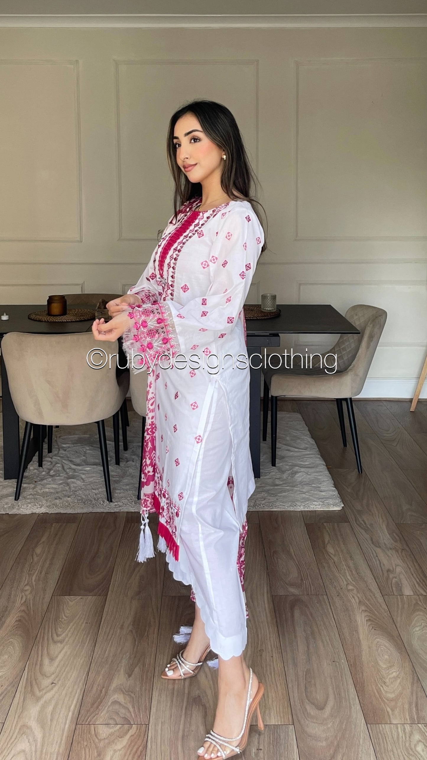 LATIFA - 3 Piece White and Pink Lawn Suit with Silk Dupatta (8583530807509)