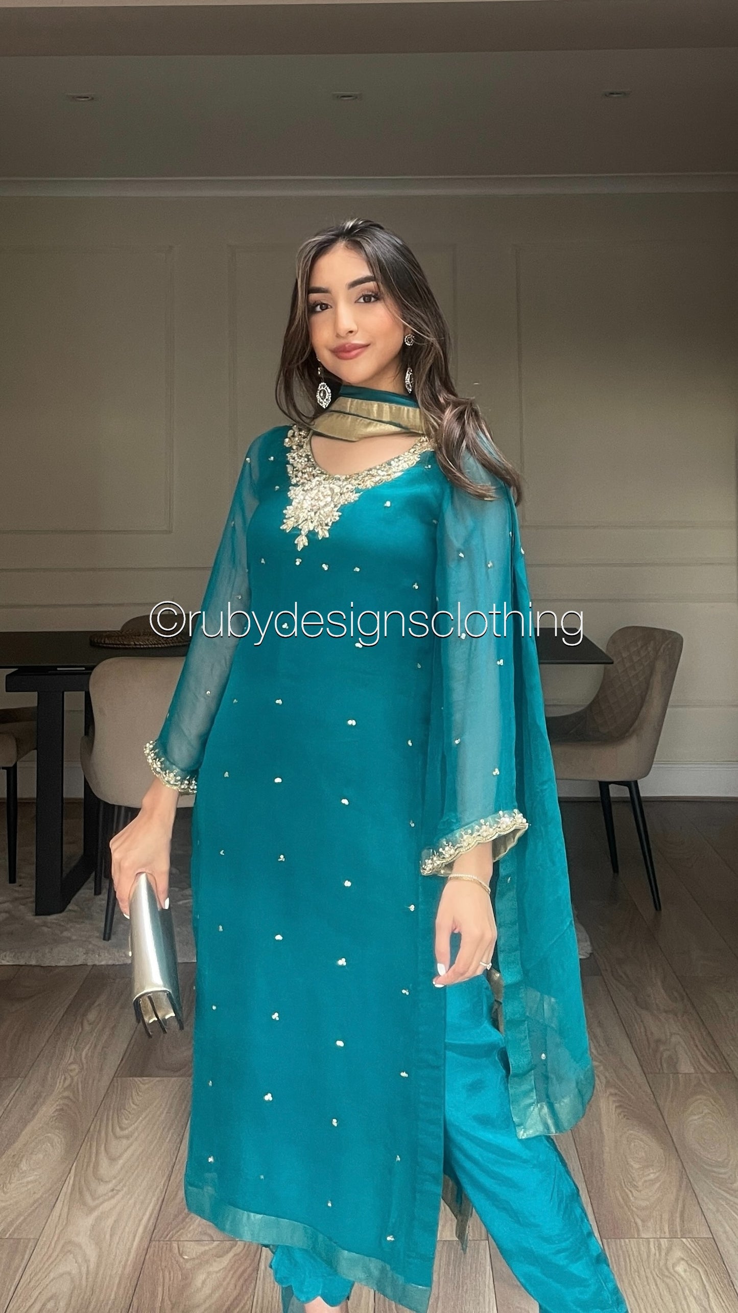 ALVIA Teal - 3 Piece Teal Chiffon Suit with Gold Handwork (8295034847445)