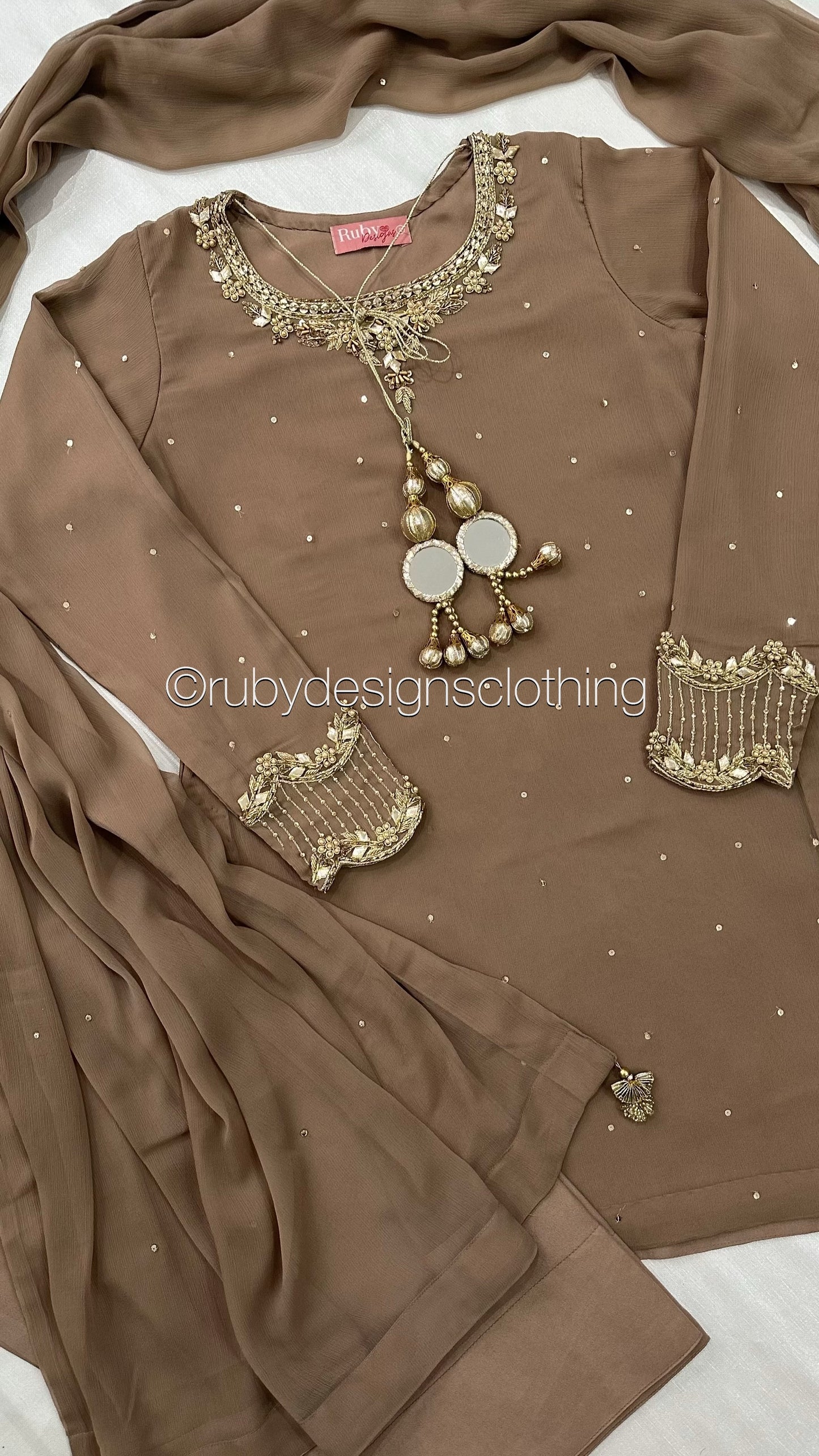 RAHA Latte - Luxury 3 Piece Chiffon Suit with Farshi Shalwar