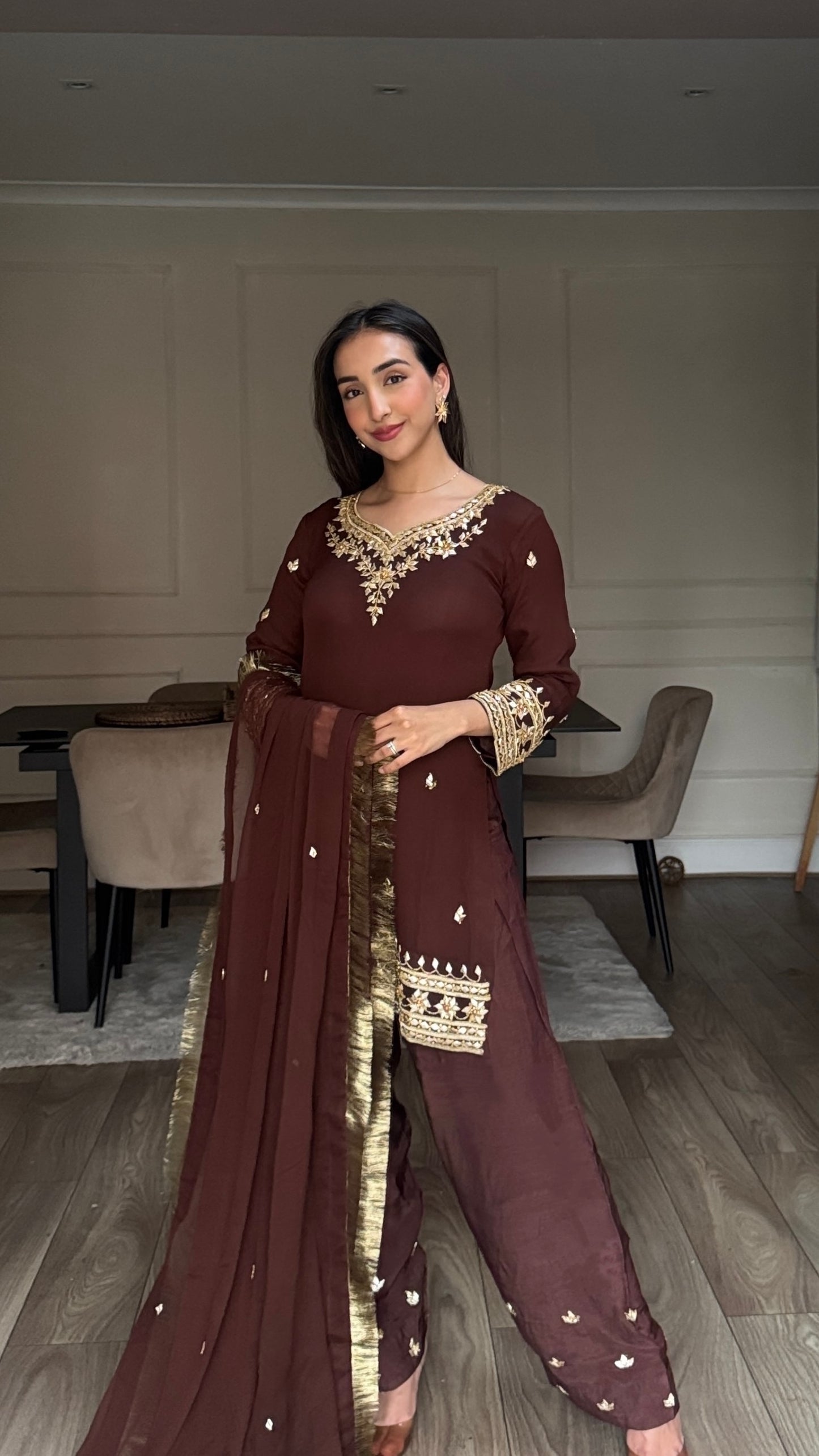 SAJAL Cocoa - 3 Piece Chiffon Suit with Farshi Shalwar and Gota Handwork