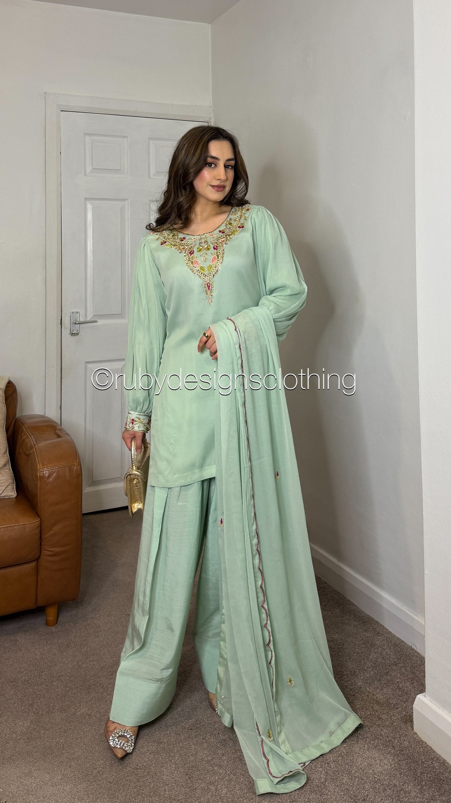 MISSING ITEM (SHALWAR) - SERENE Mint - Luxury 3 Piece Chiffon Suit with Farshi Shalwar