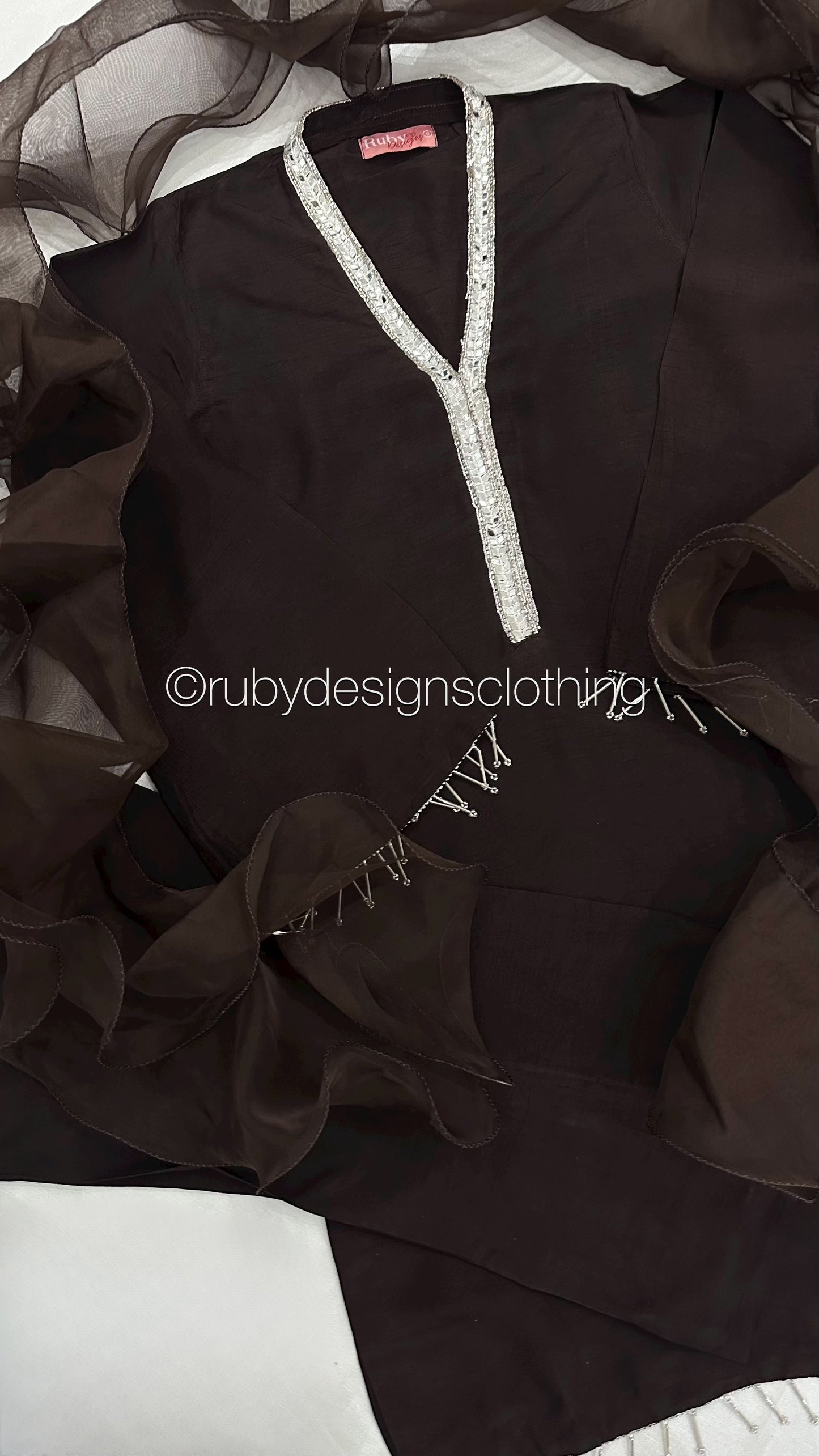SABEEN Cocoa - 3 Piece Brown Raw Silk Suit with Ruffle Dupatta (8502097838293)