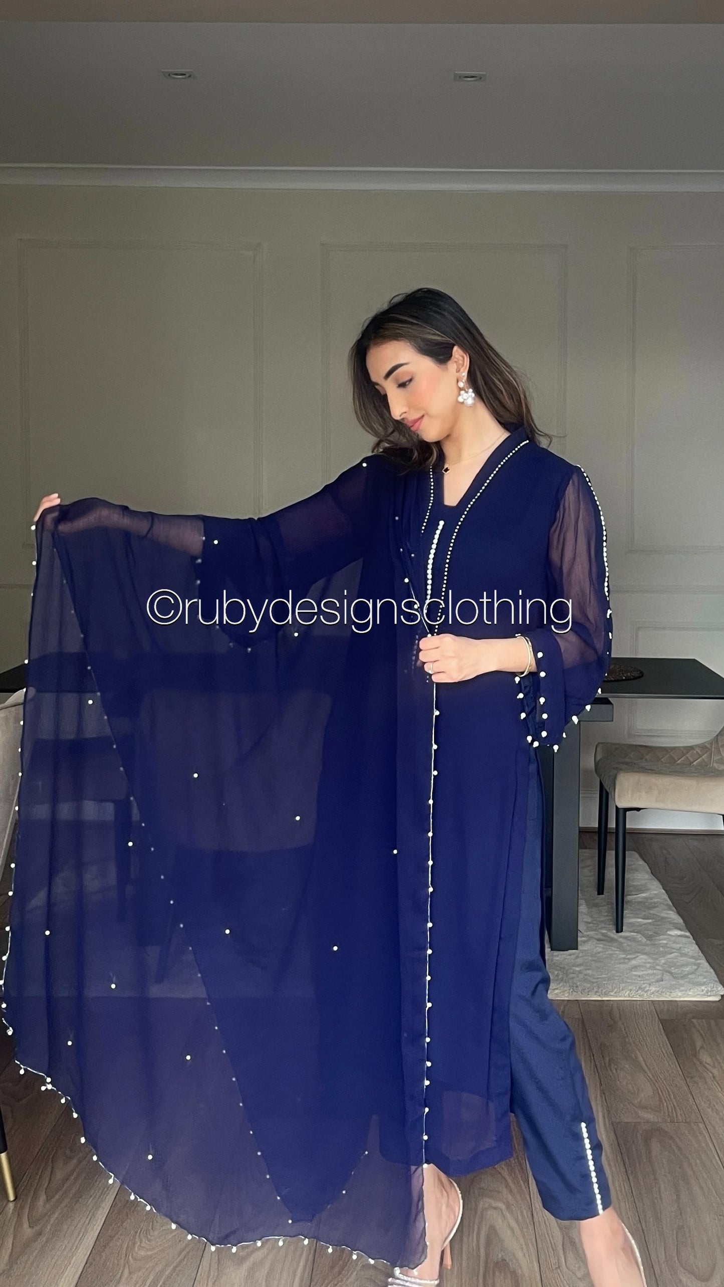 DUA Navy - 3 Piece Navy Chiffon Suit with Chiffon Dupatta and Pearls