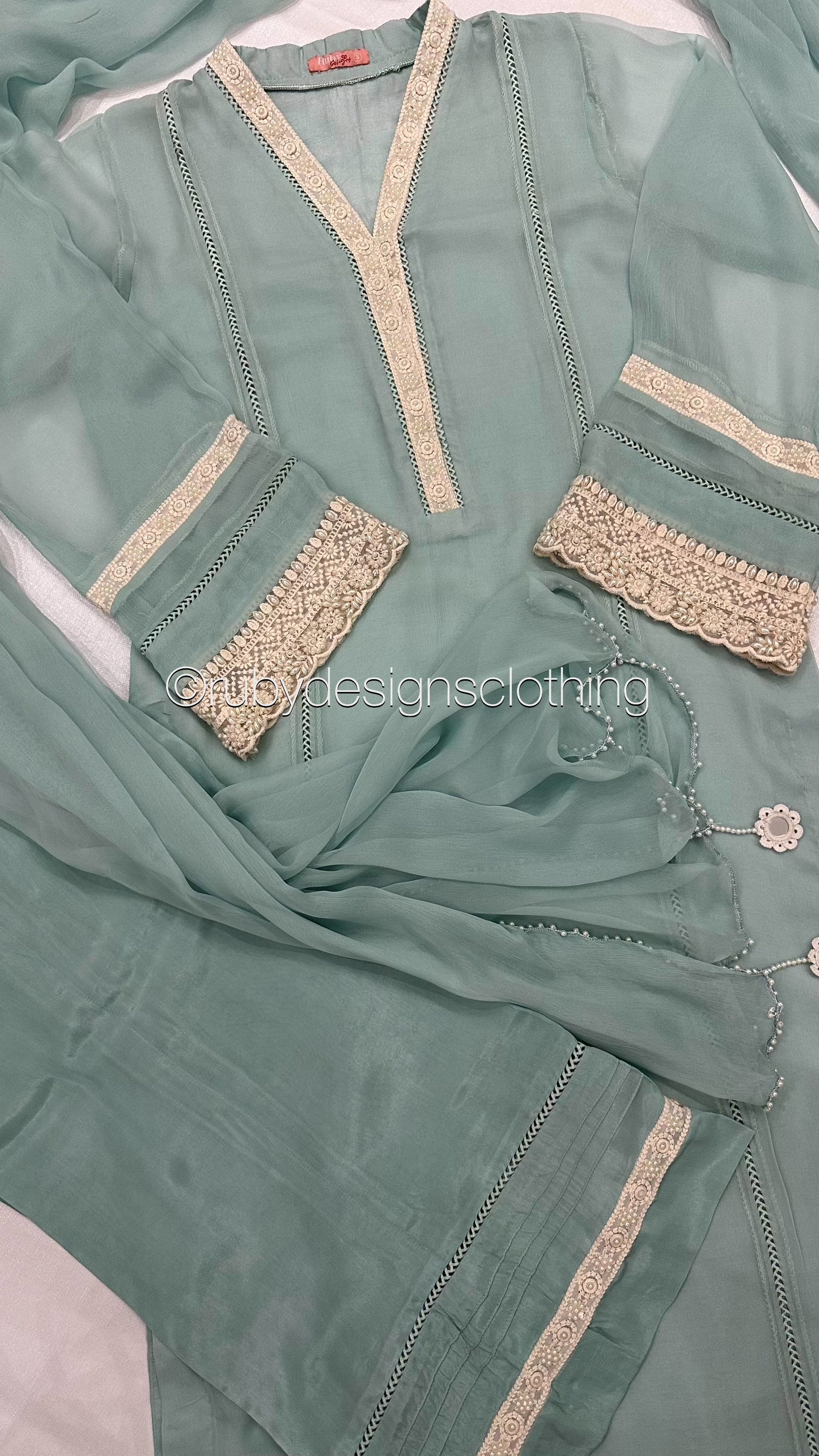 SABREENA- 3 Piece Baby Blue Chiffon Suit with Wide Leg Trouser (8340664058069)