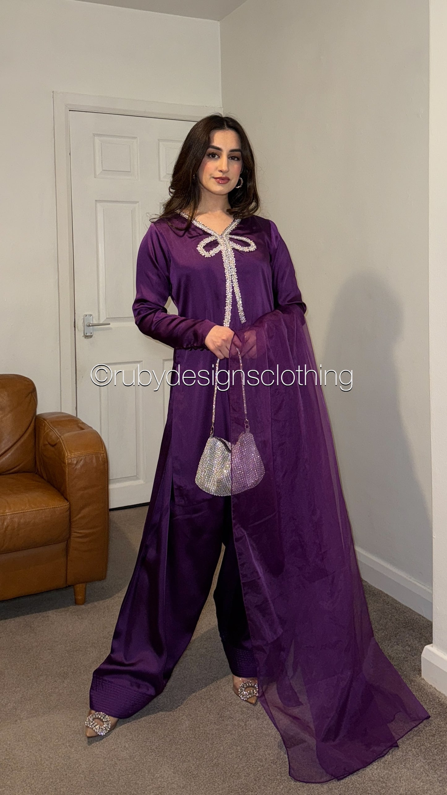 MONA - 3 Piece Silk Suit with Farshi Shalwar and Bow Detail