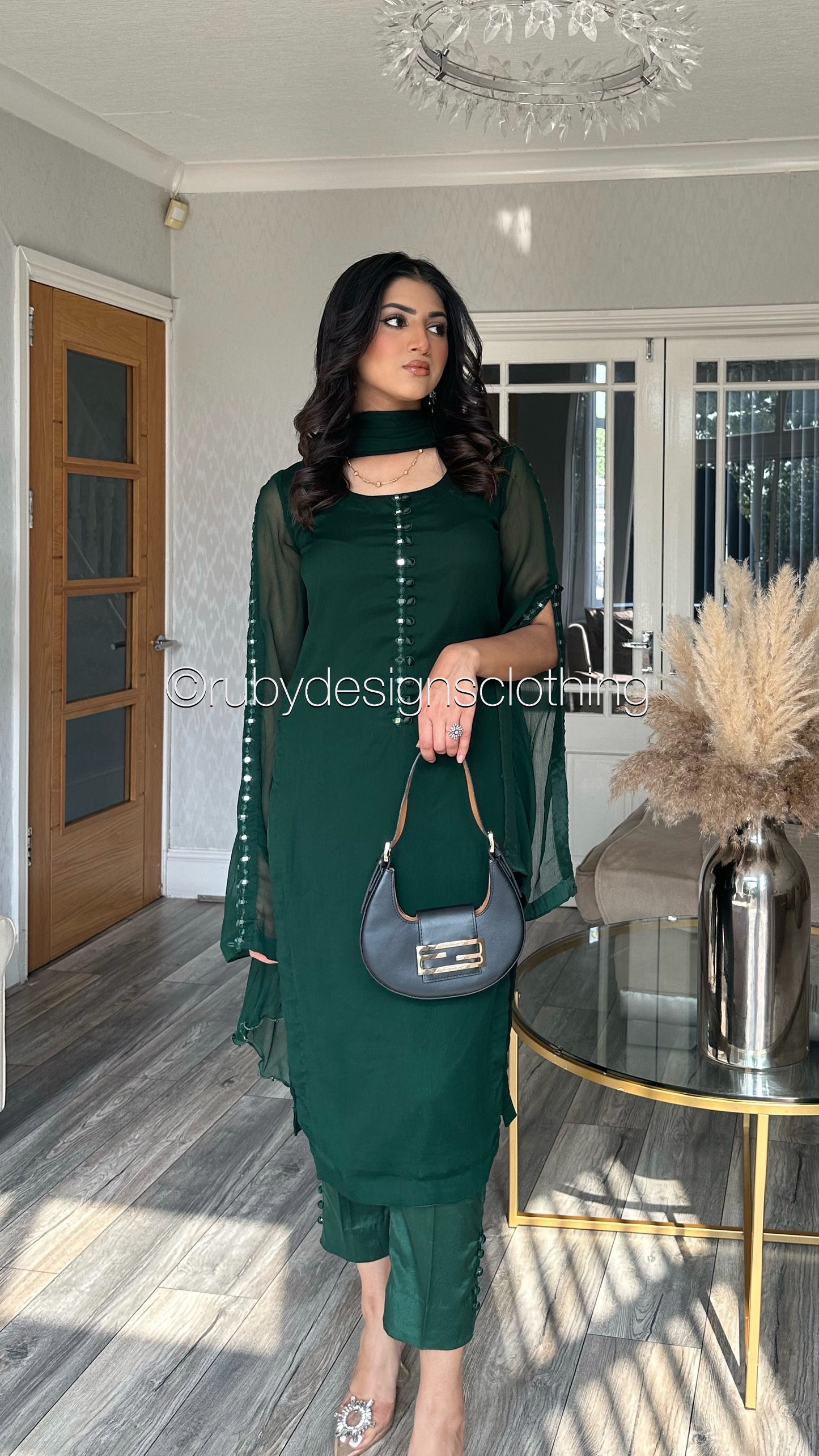 KAYRA Emerald - 3 Piece Emerald Chiffon Suit with Split Sleeve