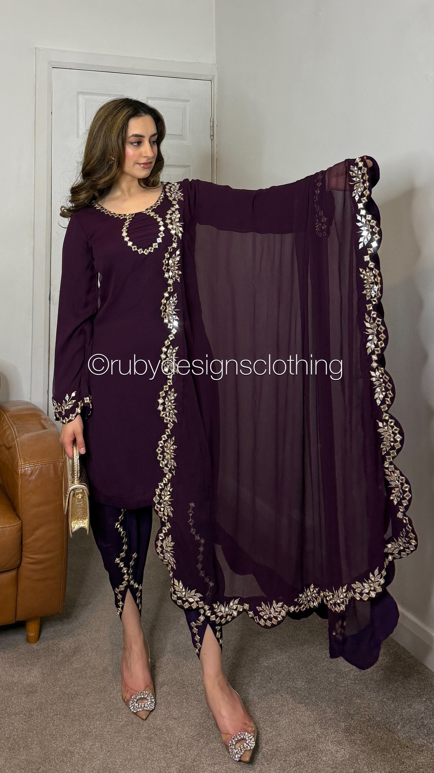 AQSA Plum - 3 Piece Chiffon Suit with Tulip Trouser