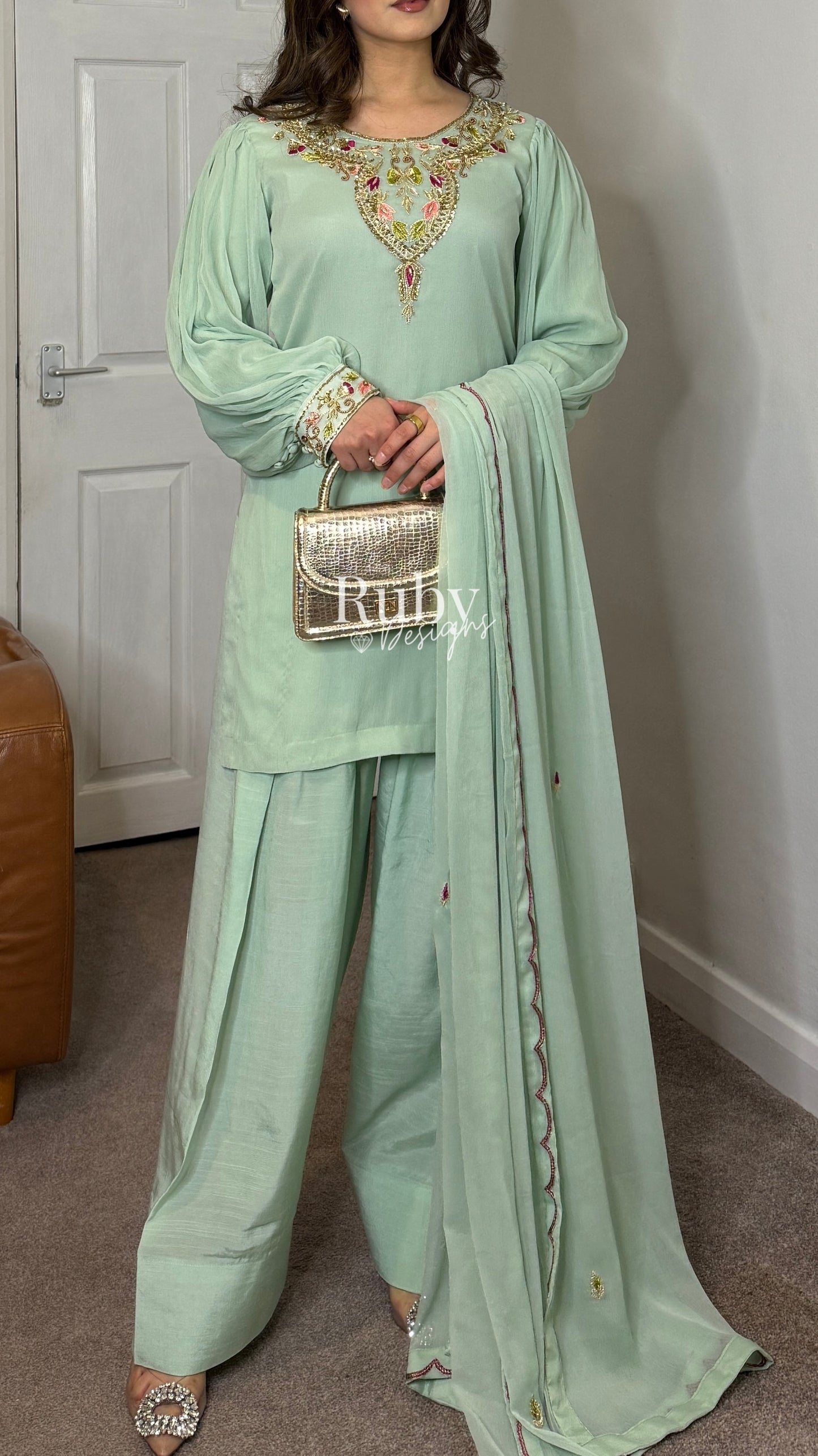 SERENE Mint - Luxury 3 Piece Chiffon Suit with Farshi Shalwar