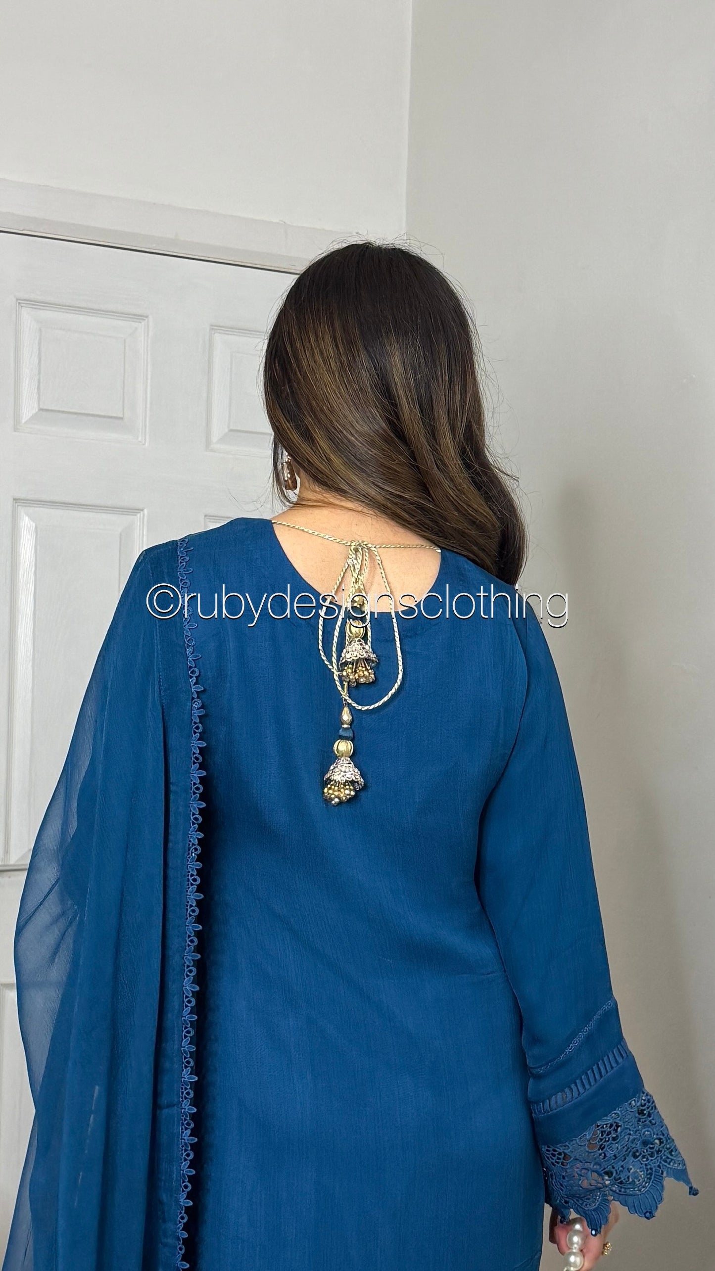 MINHA Teal - 3 Piece Chiffon Suit with Cutwork