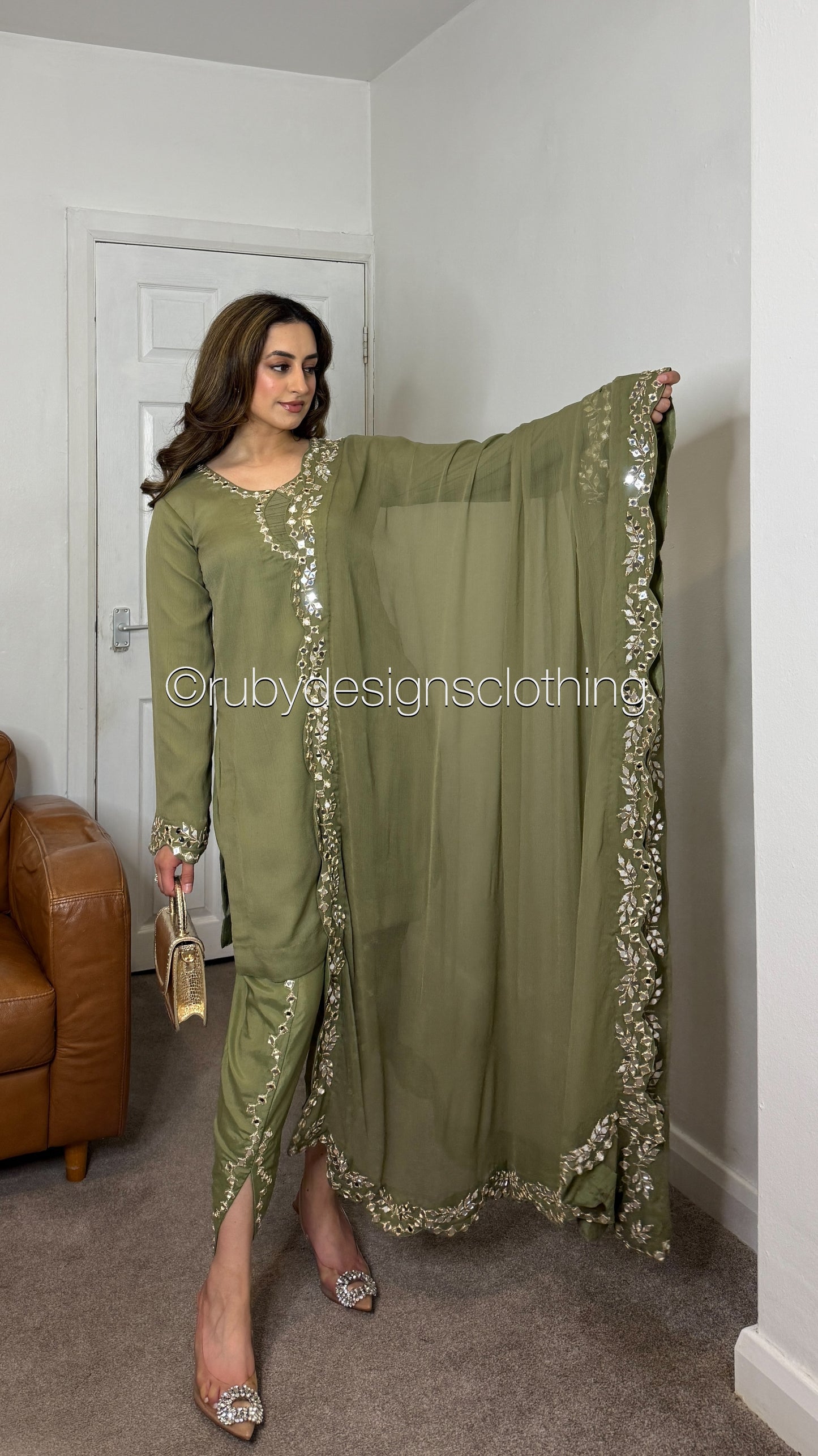 AQSA Olive - 3 Piece Chiffon Suit with Tulip Trouser