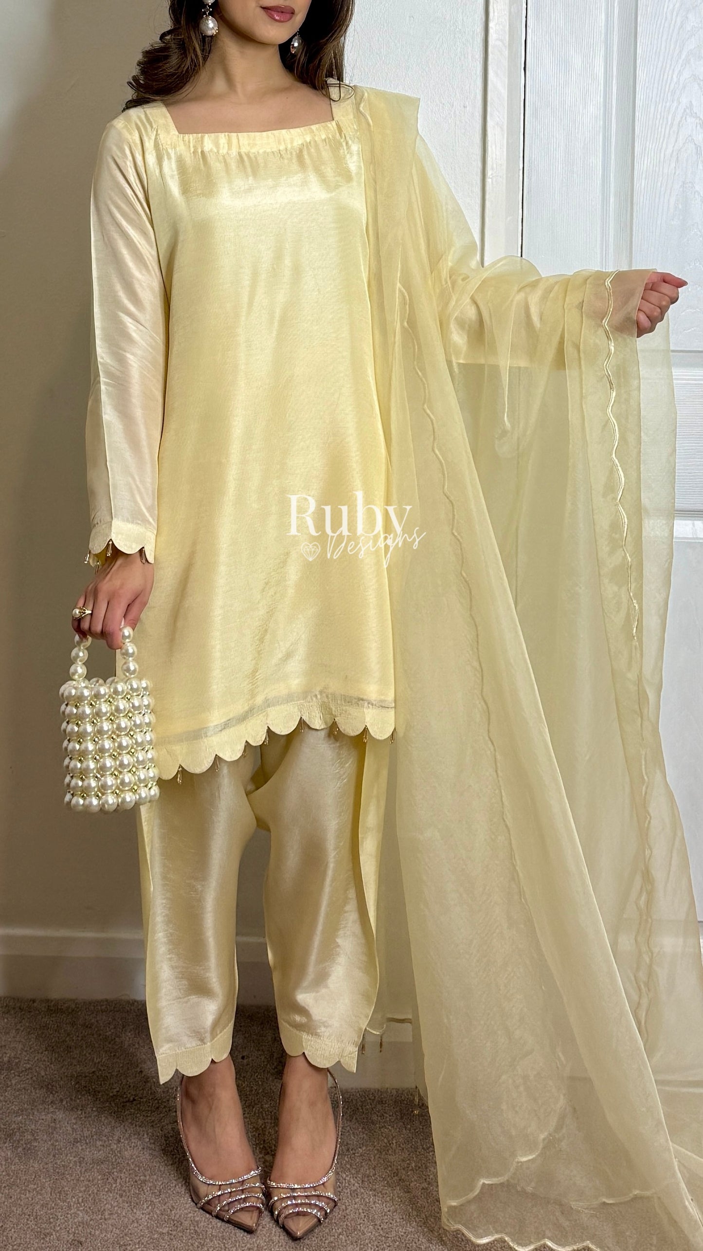 HAYAT Butter - 3 Piece Silk Suit with Skinny Shalwar
