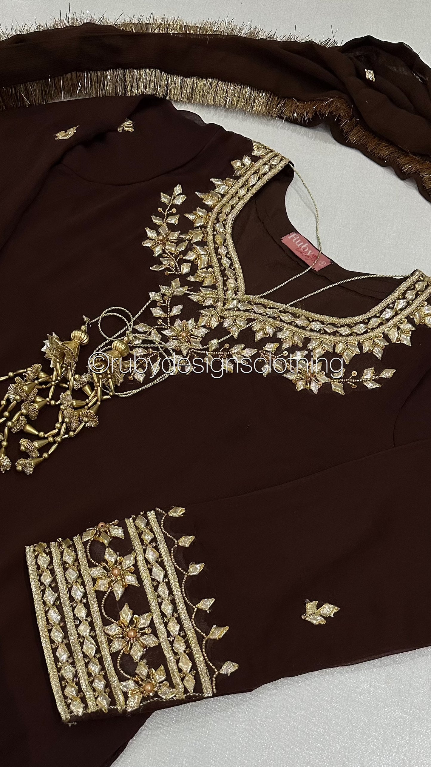 SAJAL Cocoa - 3 Piece Chiffon Suit with Farshi Shalwar and Gota Handwork