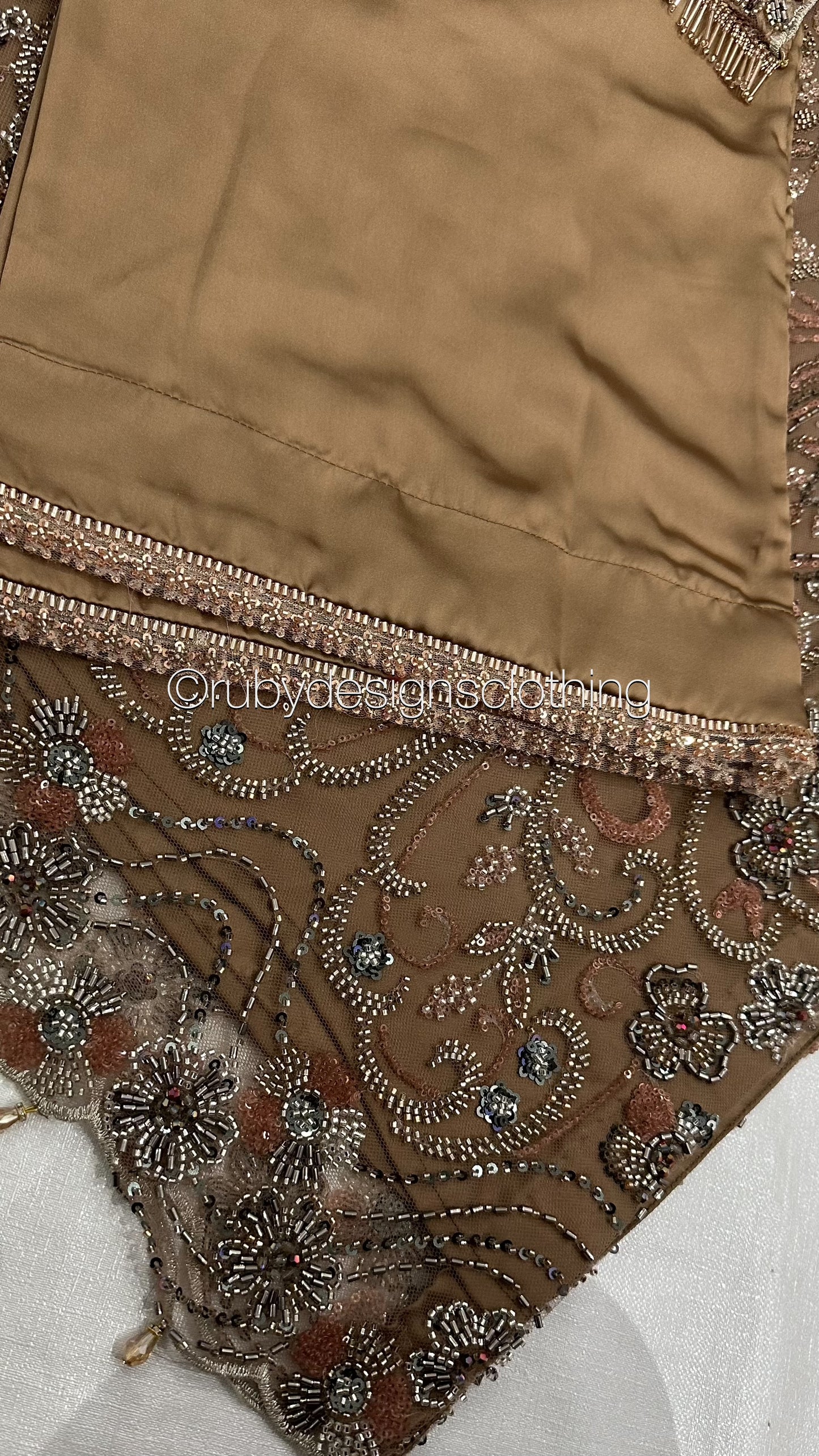 ESMA Latte - 3 Piece Brown Net Suit with Heavy Cutdana Work