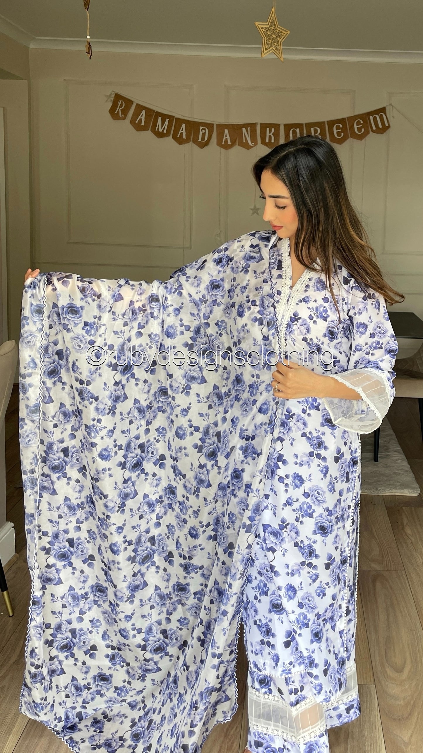 SUMAIYA- 3 Piece White and Blue Swiss Lawn Suit with Silk Dupatta (8352652525781)