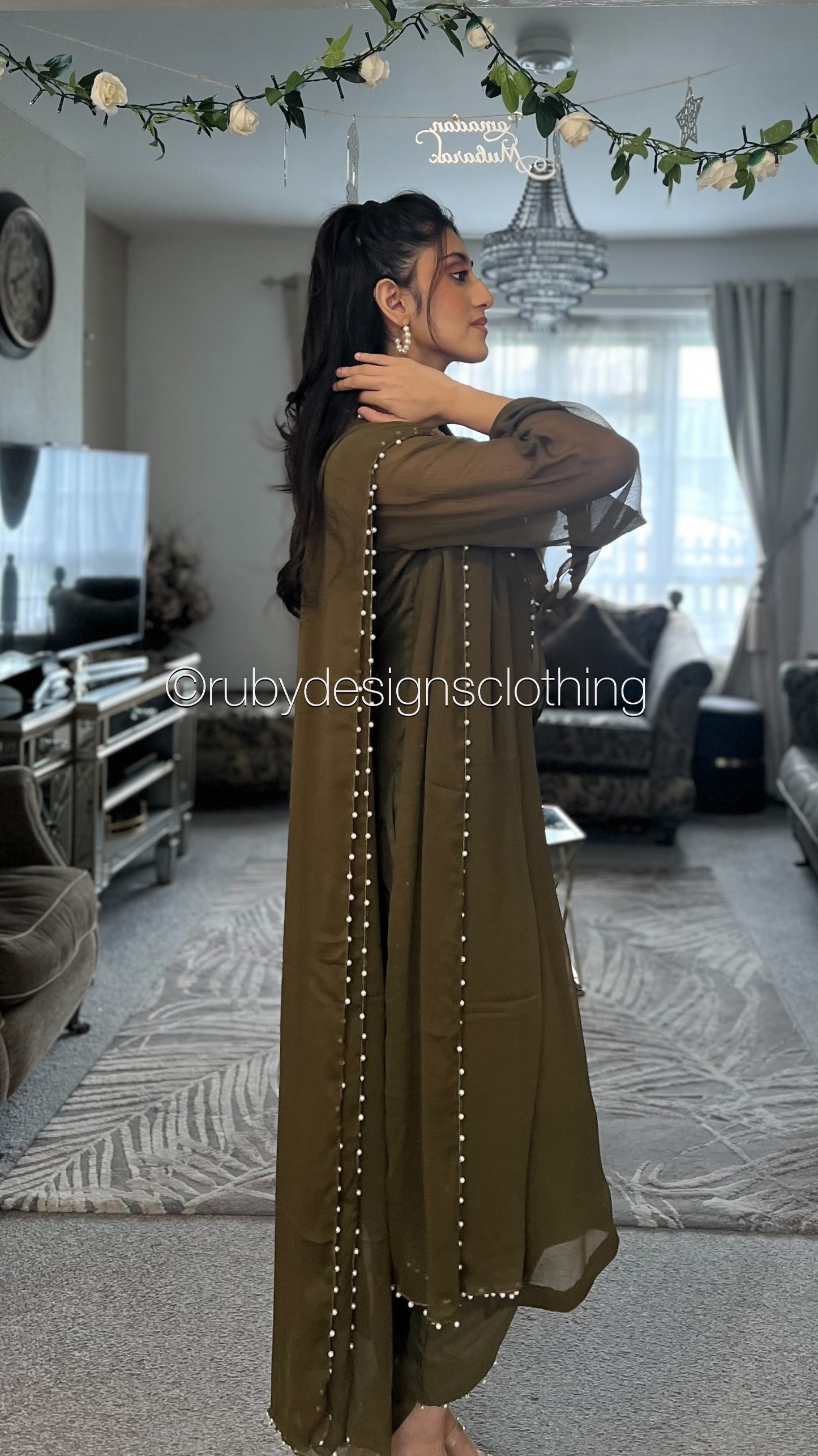 ARIA Henna (Eid Exclusive Limited Edition) - 3 Piece Khaki Brown Chiffon Suit with Chiffon Dupatta (8371703546069)