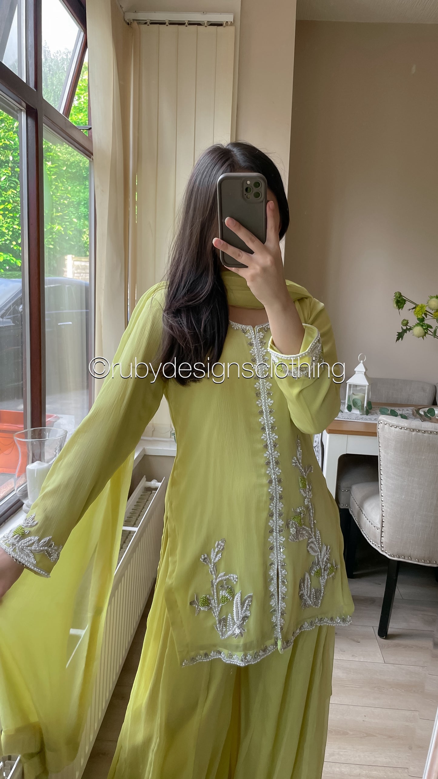 AROOSA Lime - 3 Piece Chiffon Sharara with Handwork (8650121347285)