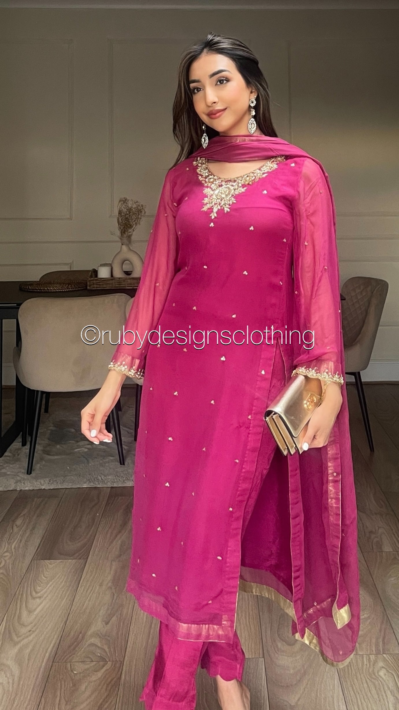 ALVIA Pink - 3 Piece Pink Chiffon Suit with Gold Handwork (8295036649685)