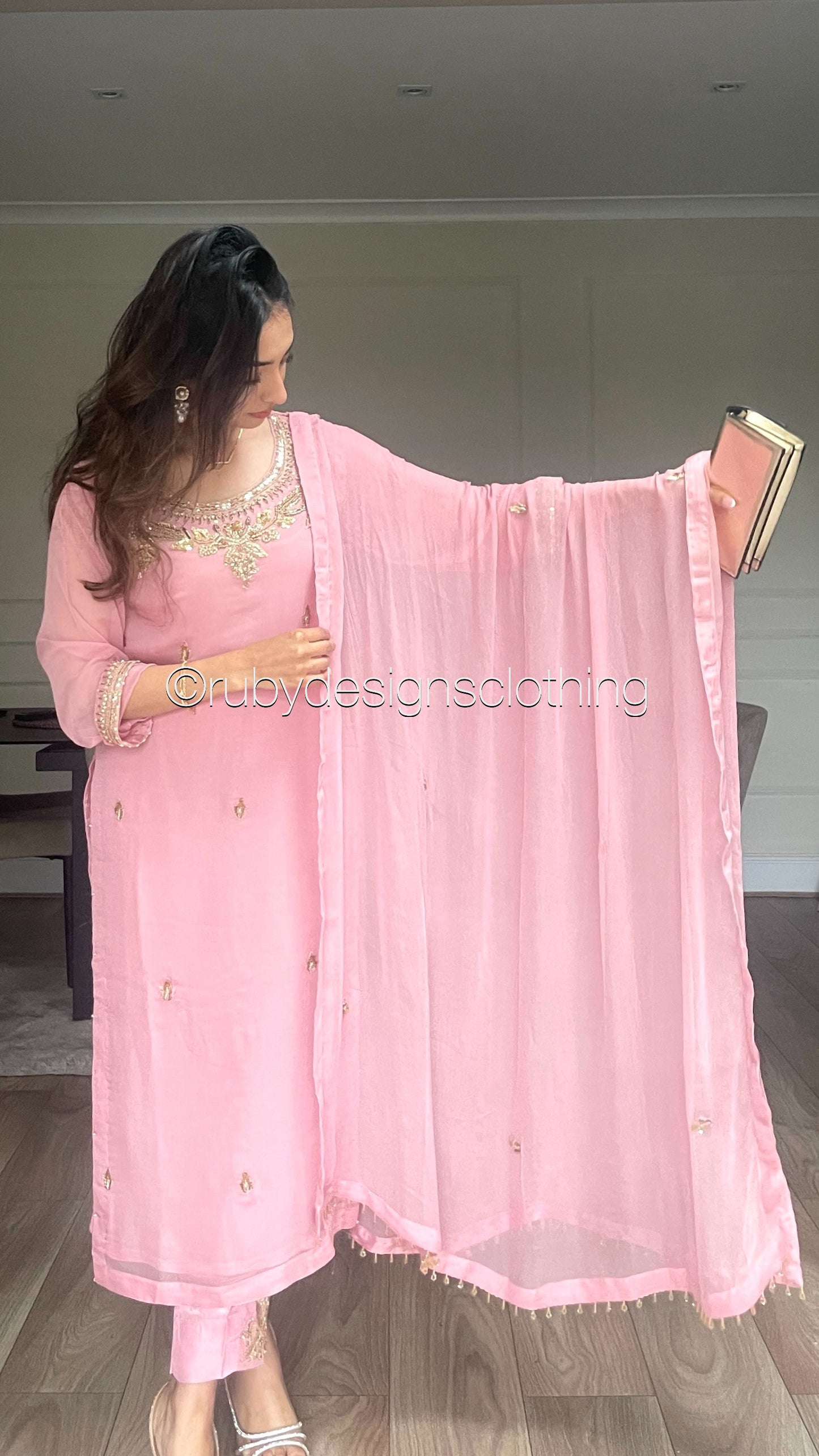 AMBREEN Pink - 4 Piece Chiffon Suit with Gold Handwork