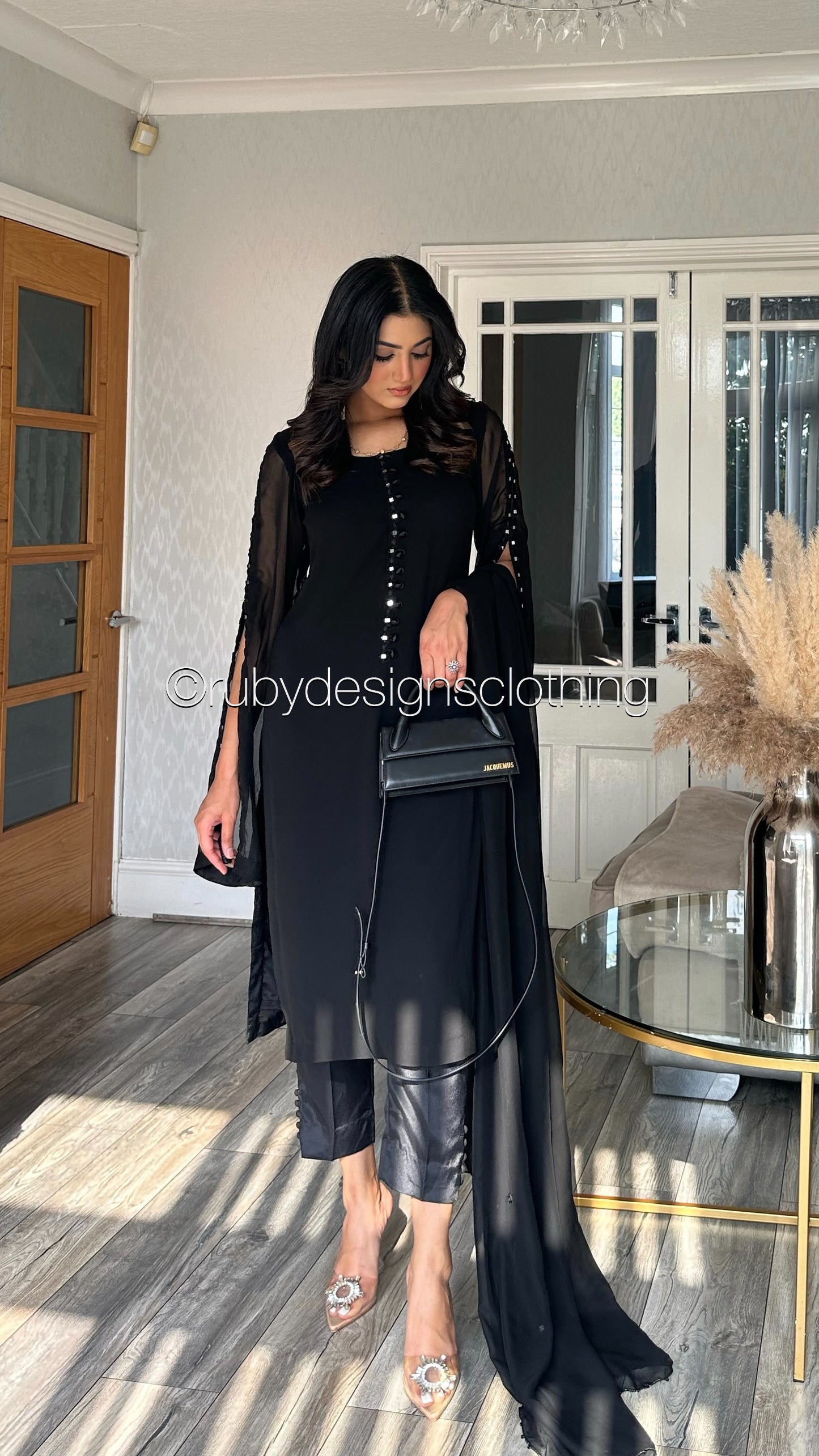 KAYRA Black - 3 Piece Black Chiffon Suit with Split Sleeve (8151996465365)