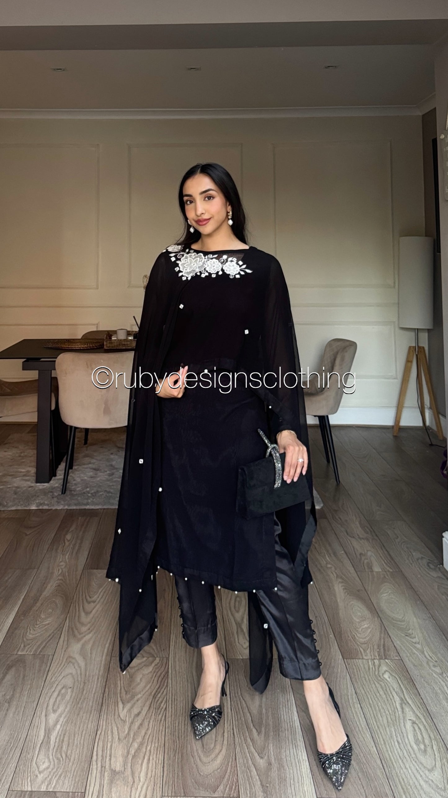 KAYNAT - 3 Piece Black Chiffon Suit with Cape/Poncho