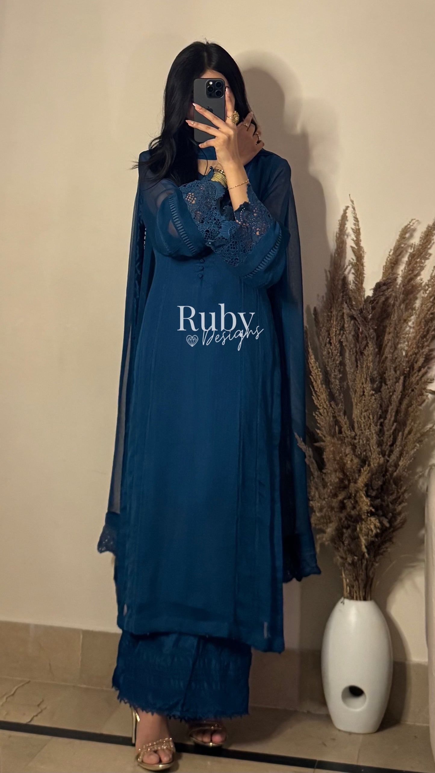 MINHA Teal - 3 Piece Chiffon Suit with Cutwork